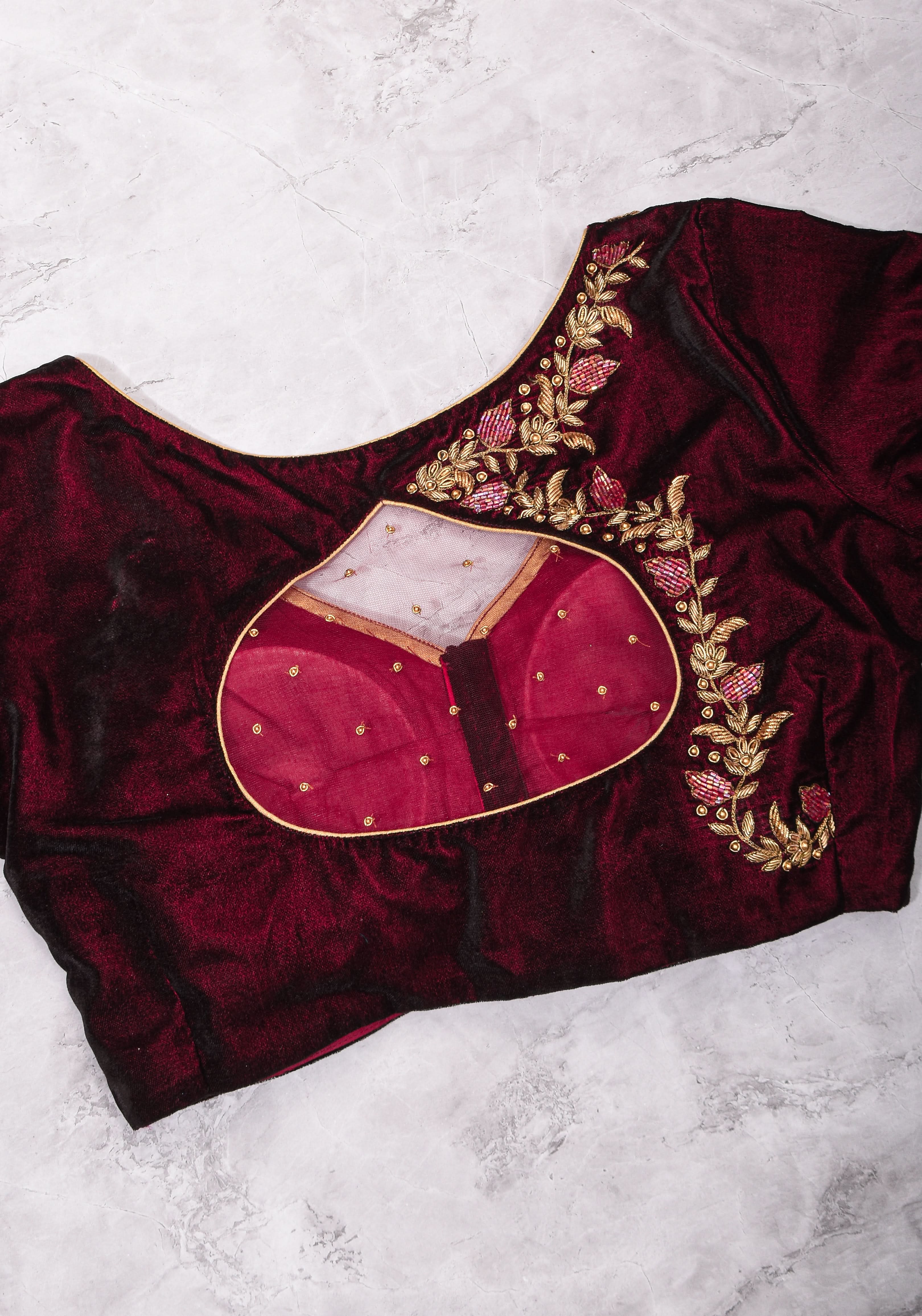 Maroon Velvet Blouse with Zardosi work Mix and Match Blouse for saree, Made to Order | Shobitam