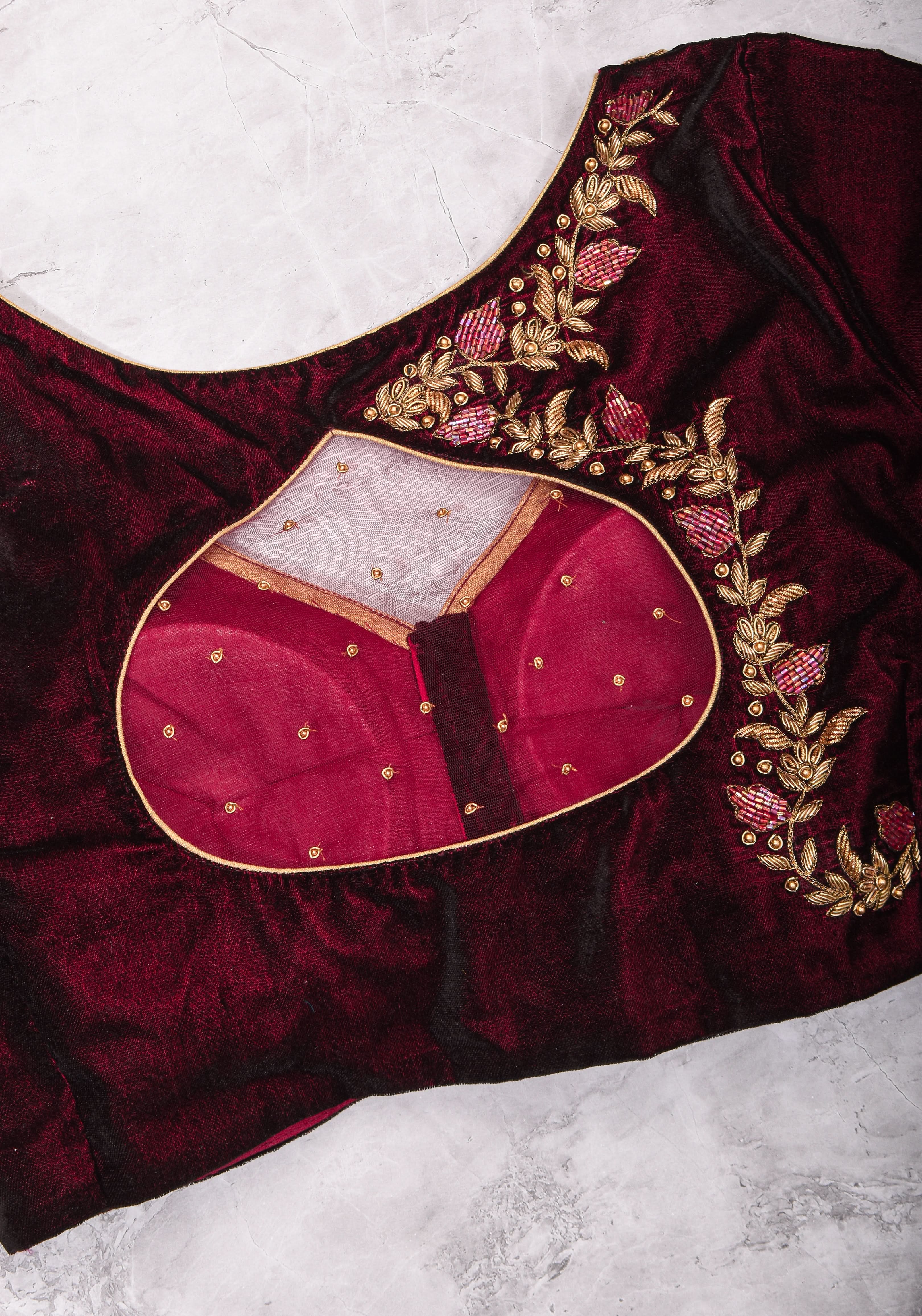 Maroon Velvet Blouse with Zardosi work Mix and Match Blouse for saree, Made to Order | Shobitam