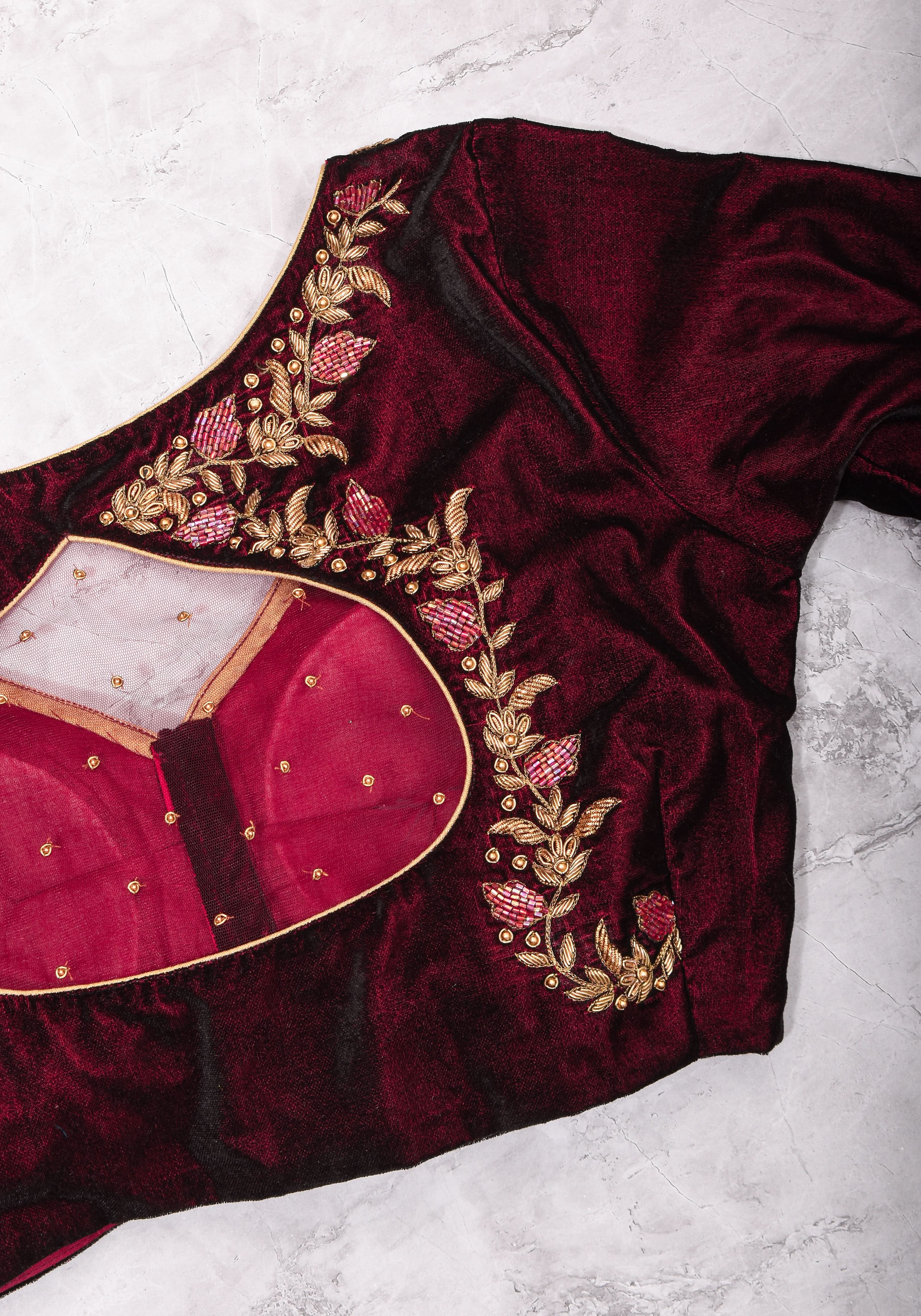 Maroon Velvet Blouse with Zardosi work Mix and Match Blouse for saree, Made to Order | Shobitam