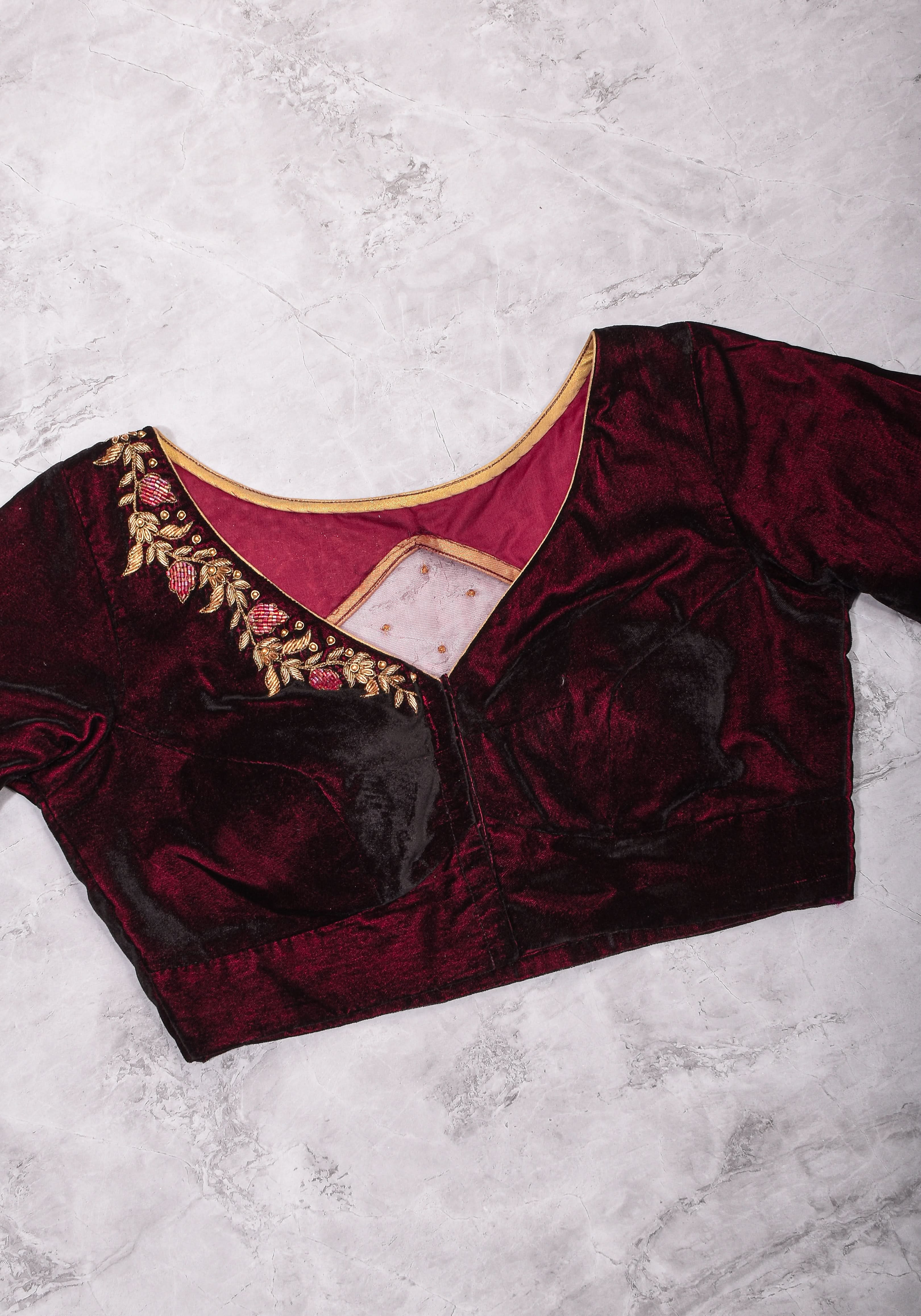 Maroon Velvet Blouse with Zardosi work Mix and Match Blouse for saree, Made to Order | Shobitam
