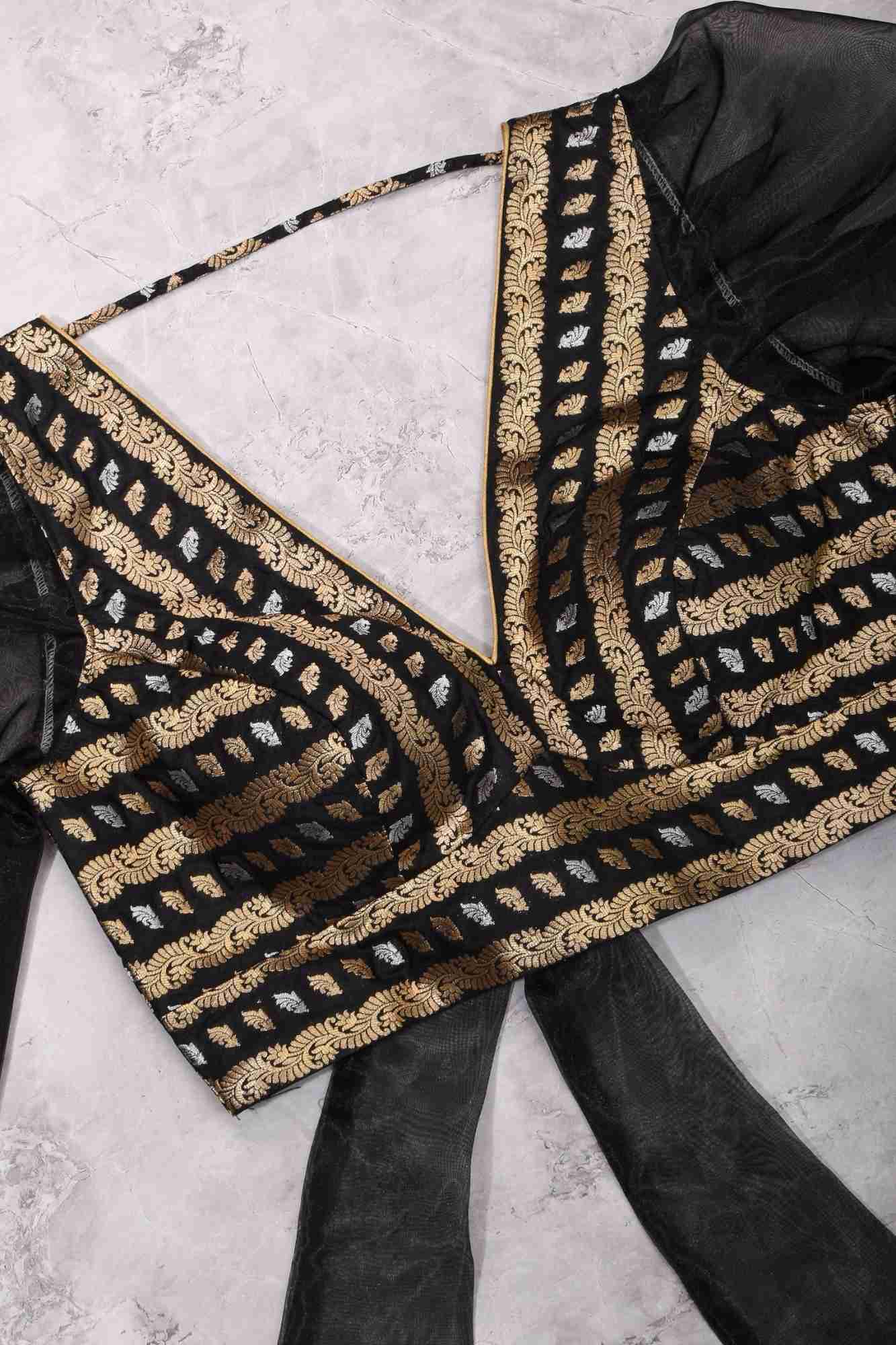 Black Brocade Blouse with Organza Puff Sleeves Mix and Match Blouse for saree, Made to Order