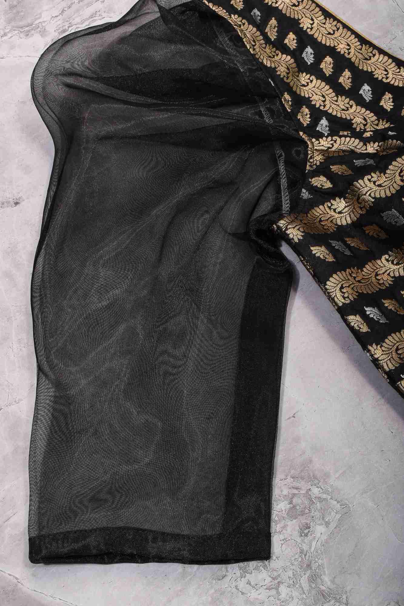 Black Brocade Blouse with Organza Puff Sleeves Mix and Match Blouse for saree, Made to Order