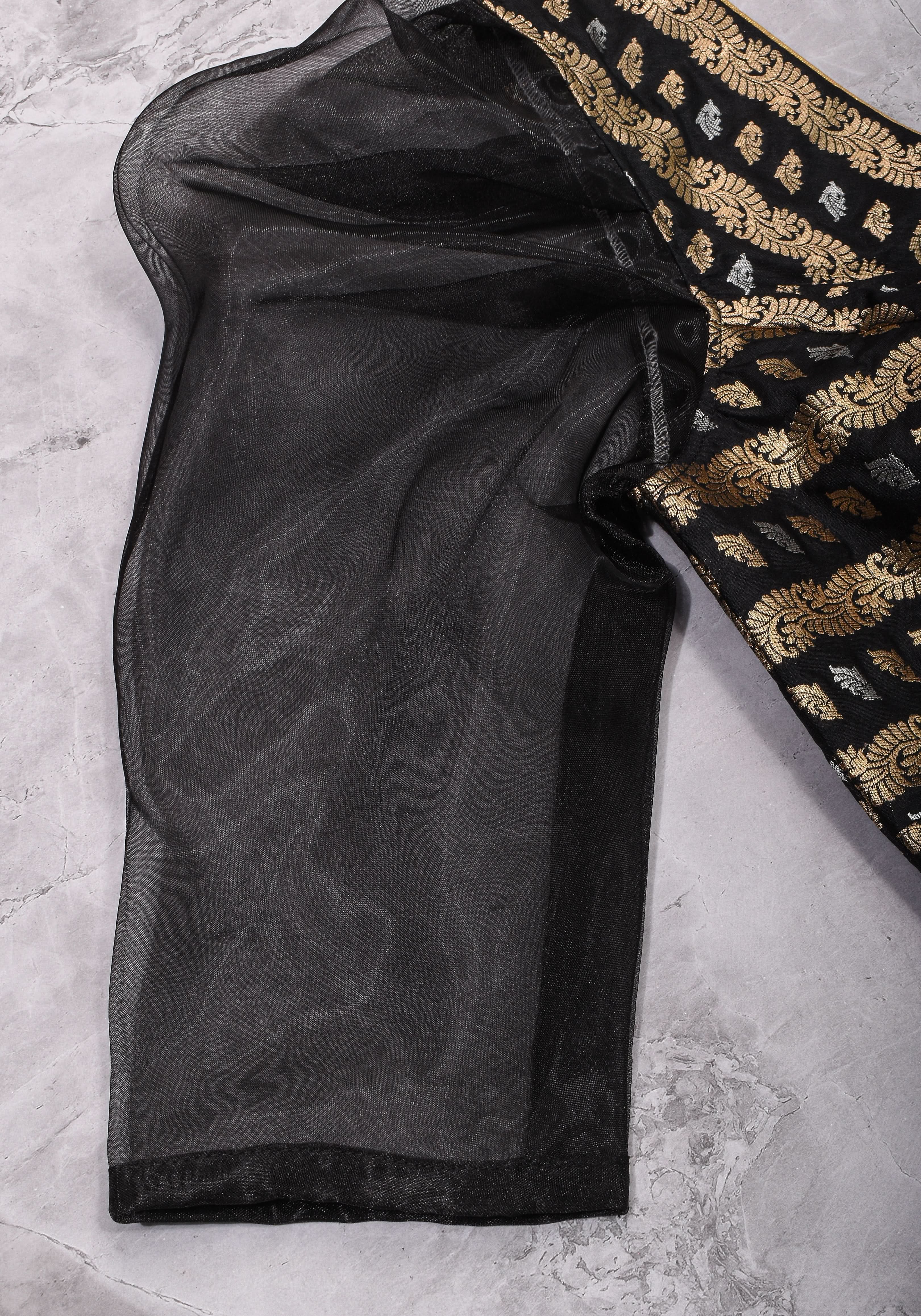 Black Brocade Blouse with Organza Puff Sleeves Mix and Match Blouse for saree, Made to Order | Shobitam