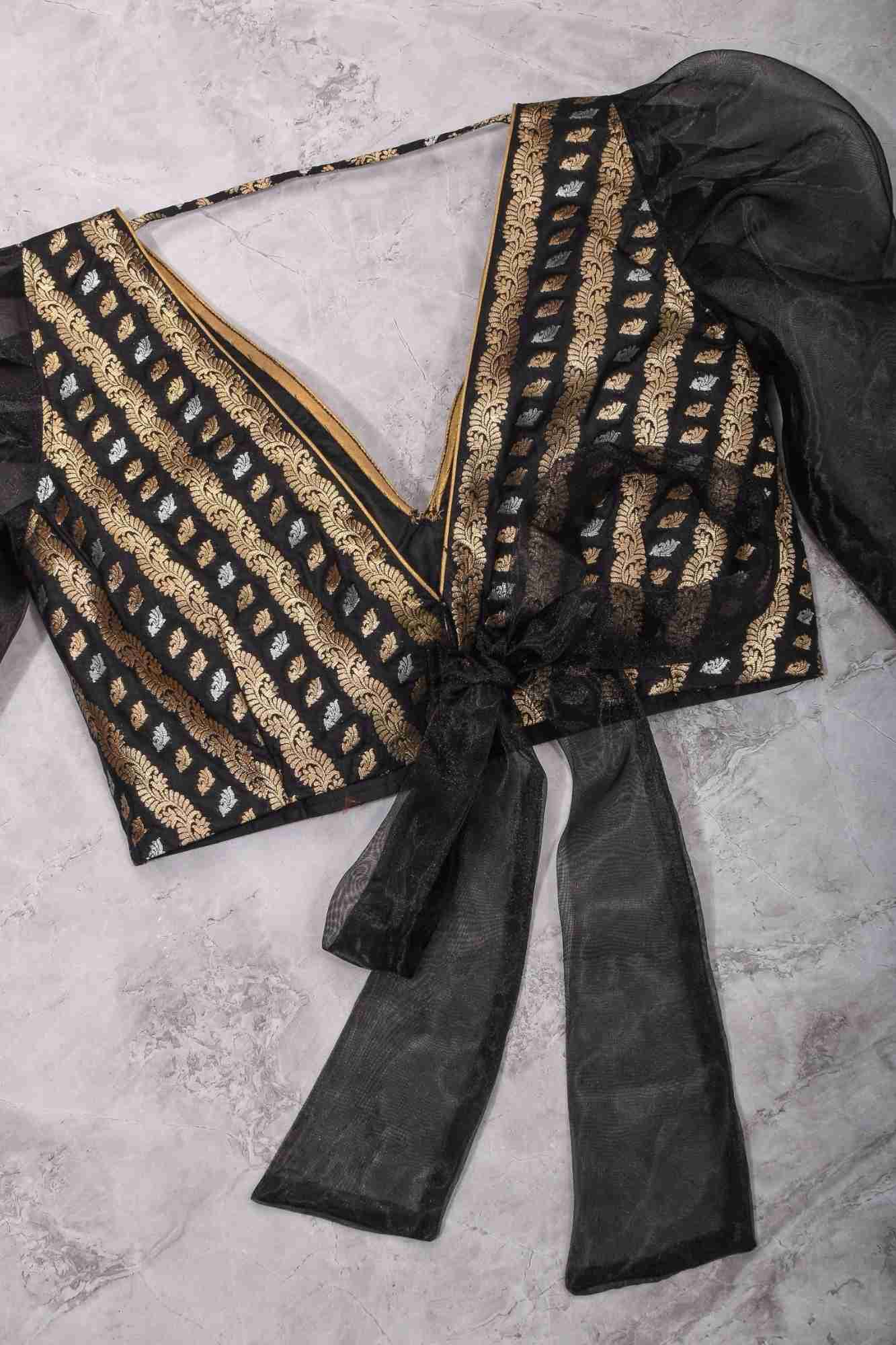 Black Brocade Blouse with Organza Puff Sleeves Mix and Match Blouse for saree, Made to Order