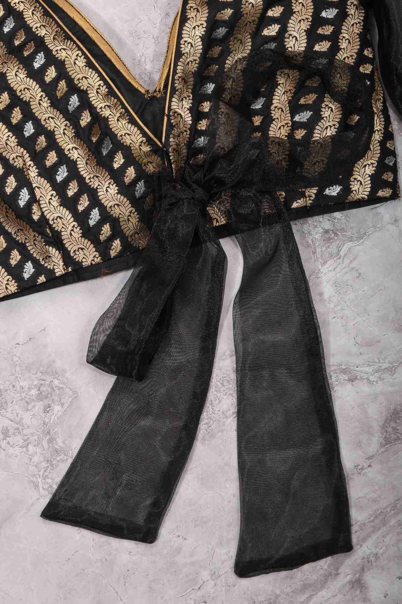 Black Brocade Blouse with Organza Puff Sleeves Mix and Match Blouse for saree, Made to Order