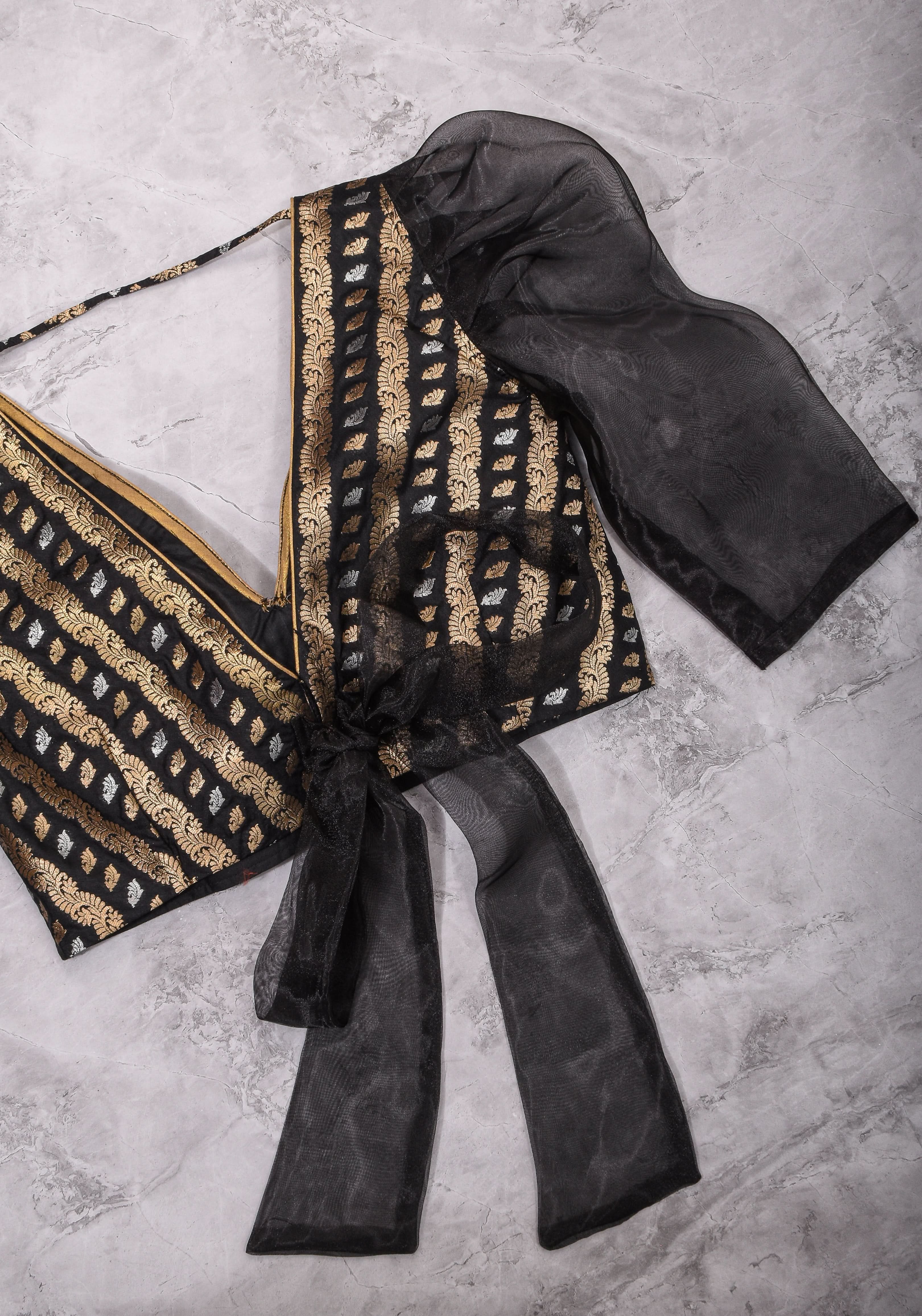 Black Brocade Blouse with Organza Puff Sleeves Mix and Match Blouse for saree, Made to Order | Shobitam