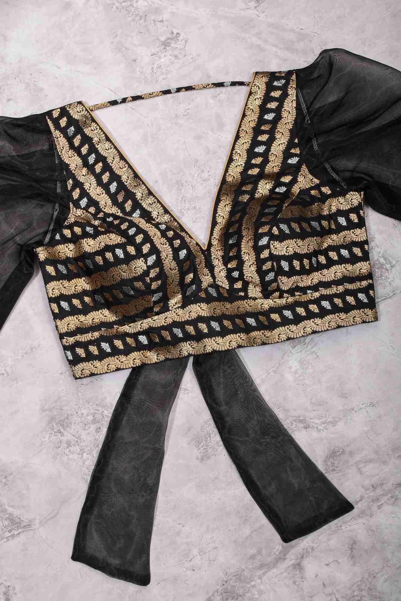 Black Brocade Blouse with Organza Puff Sleeves Mix and Match Blouse for saree, Made to Order