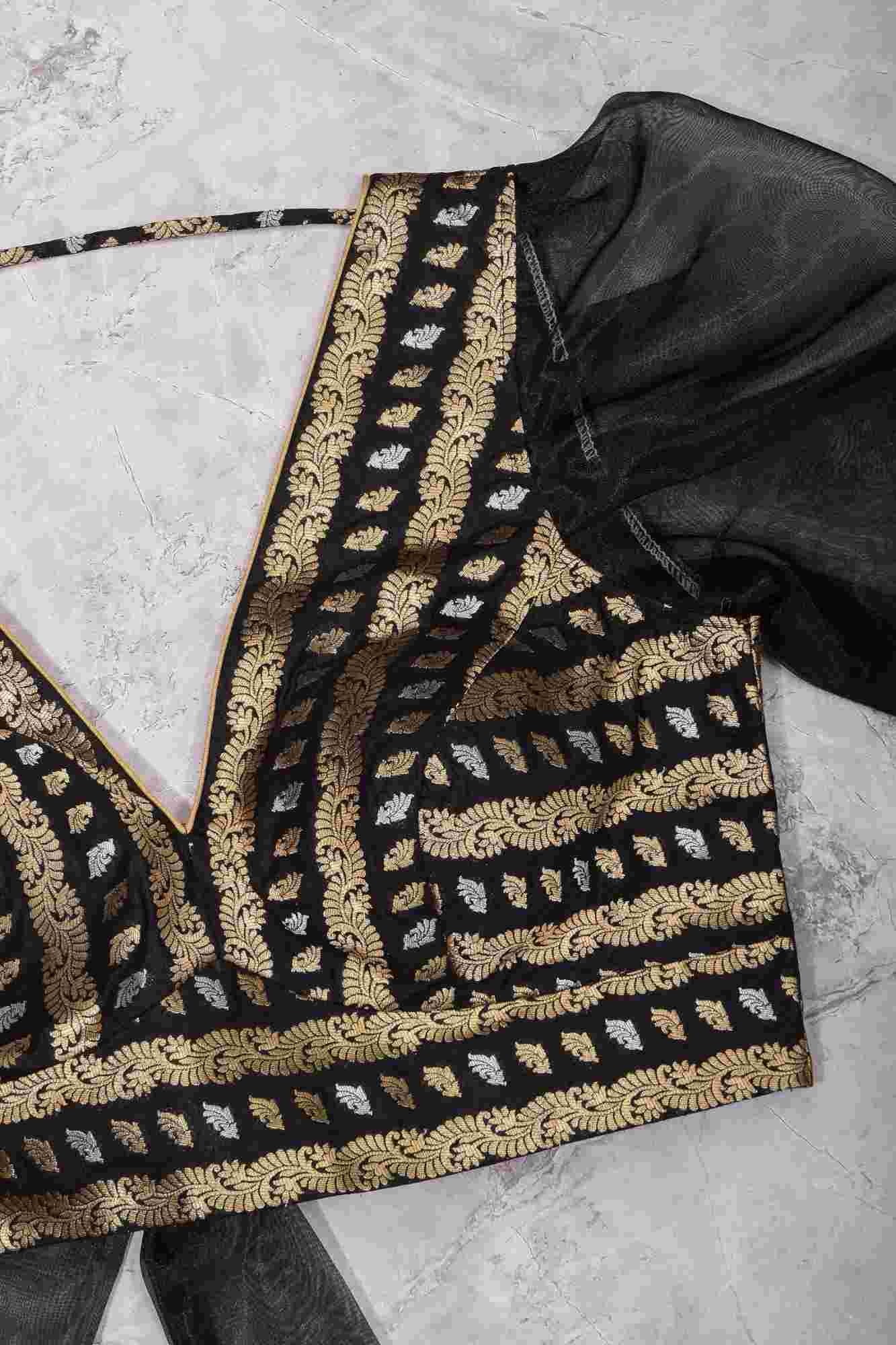 Black Brocade Blouse with Organza Puff Sleeves Mix and Match Blouse for saree, Made to Order