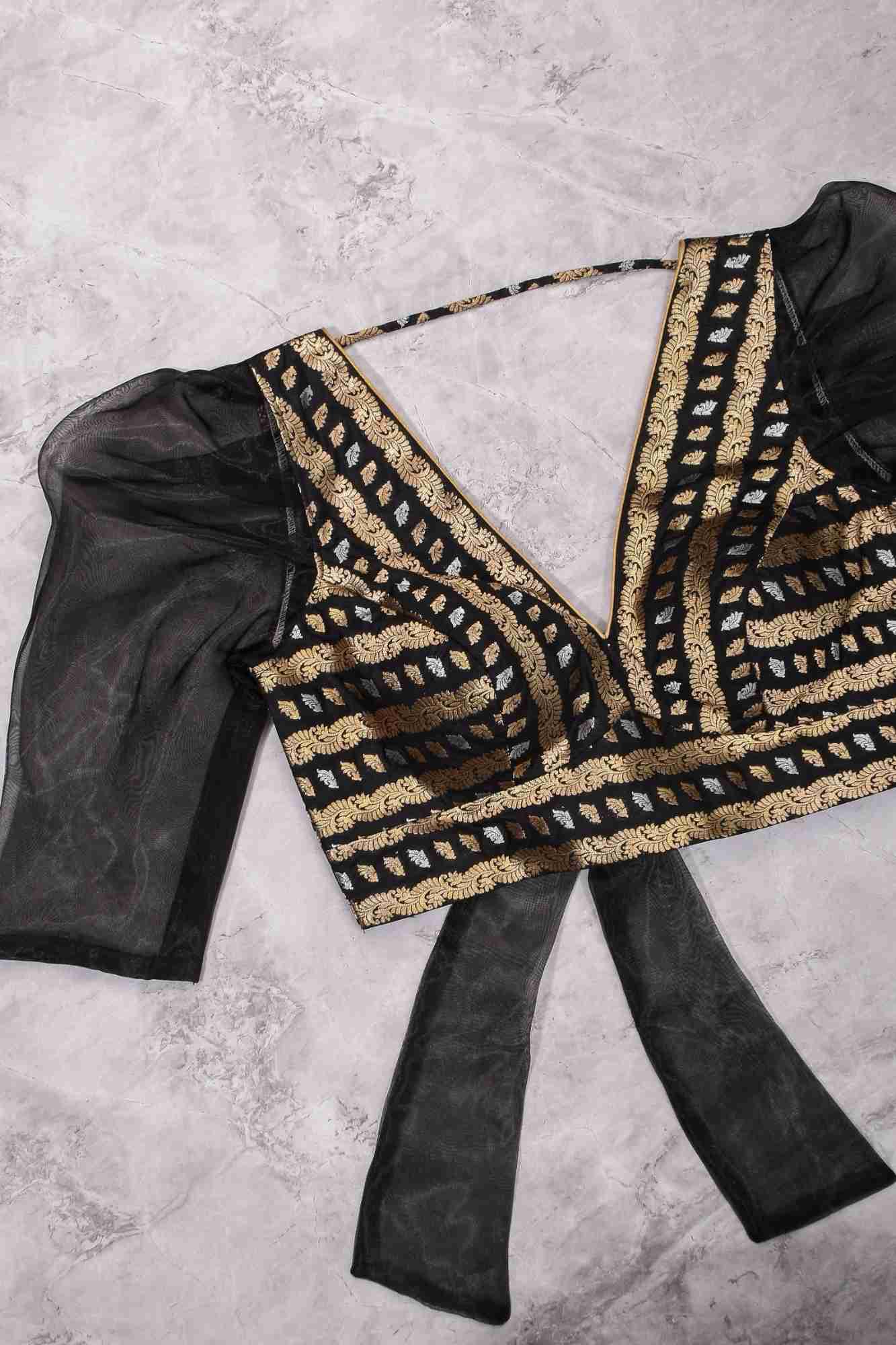 Black Brocade Blouse with Organza Puff Sleeves Mix and Match Blouse for saree, Made to Order