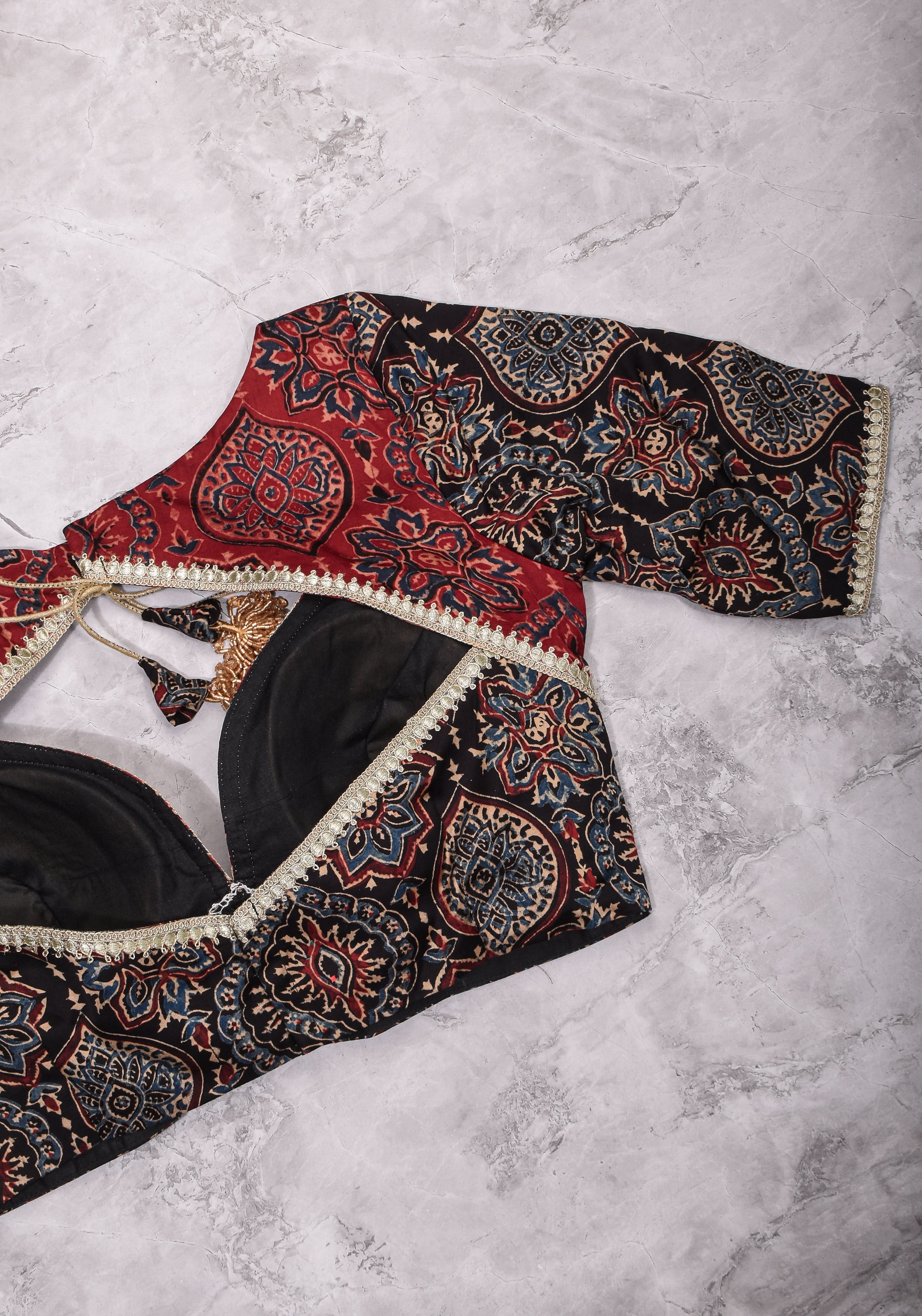 Black and Red Ajrakh Modal Silk Blouse with gota detailing Mix and Match Blouse for saree, Made to Order | Shobitam