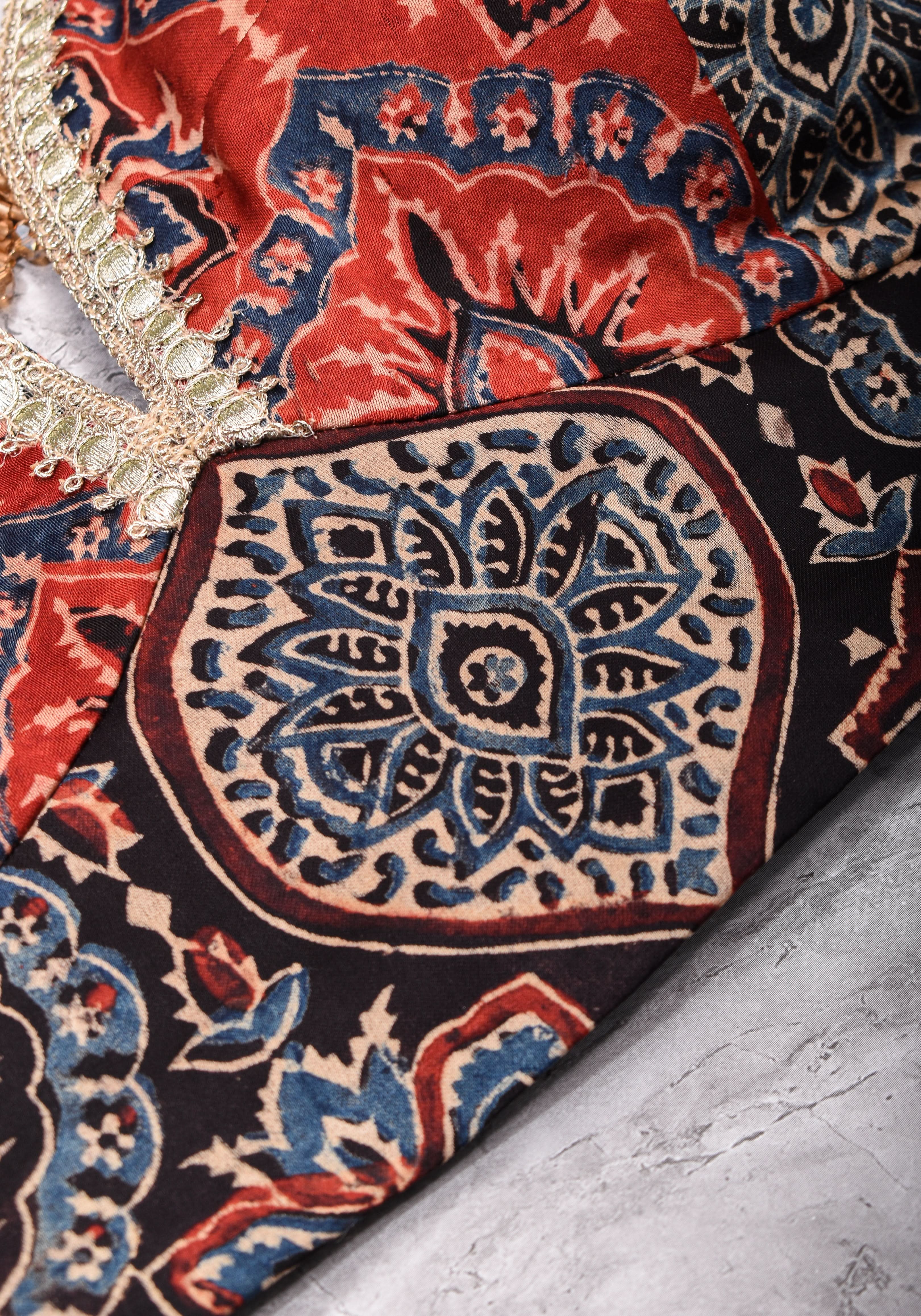 Black and Red Ajrakh Modal Silk Blouse with gota detailing Mix and Match Blouse for saree, Made to Order | Shobitam