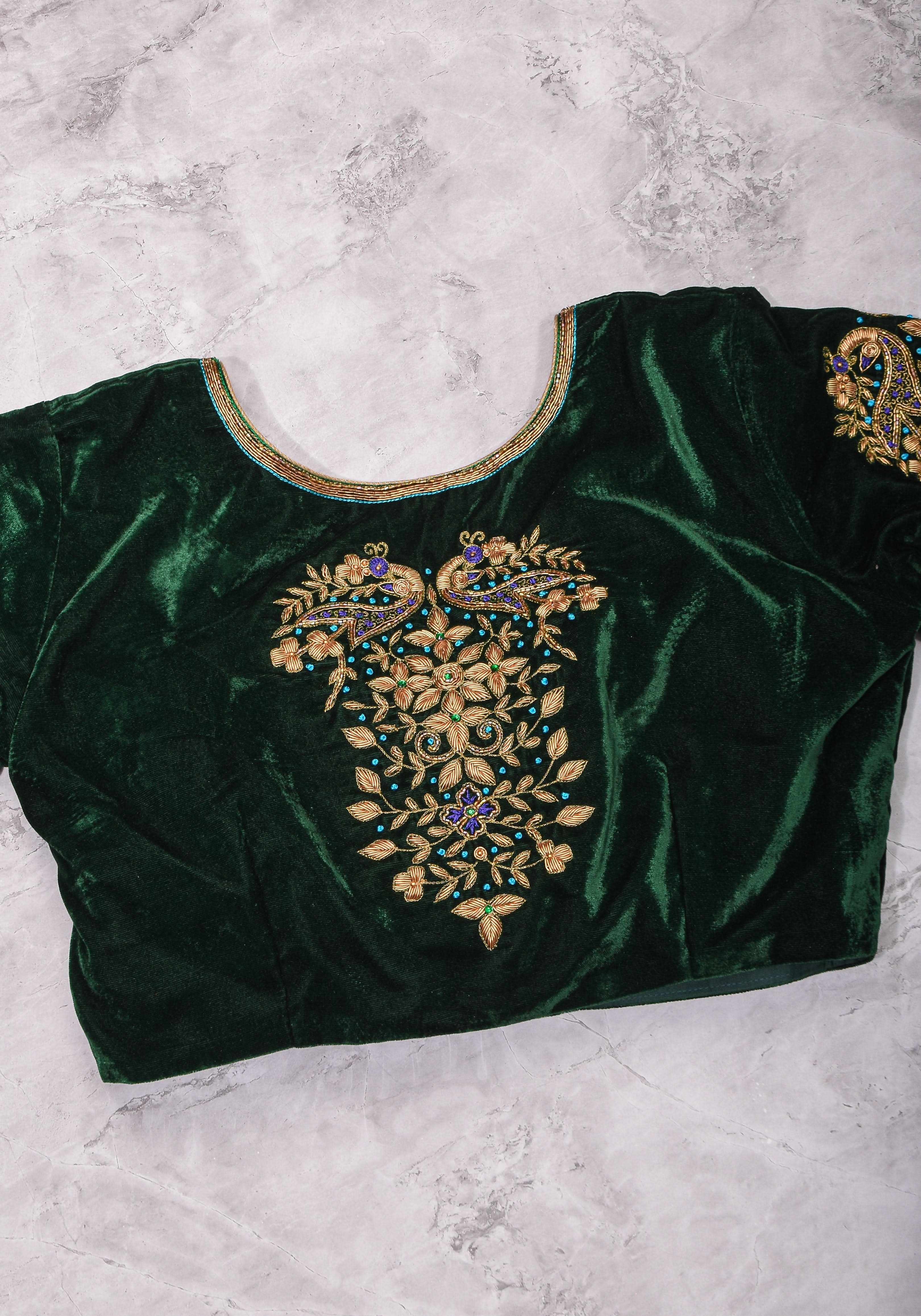 Green Velvet Blouse with Zardosi Work Mix and Match Blouse for saree, Made to Order | Shobitam