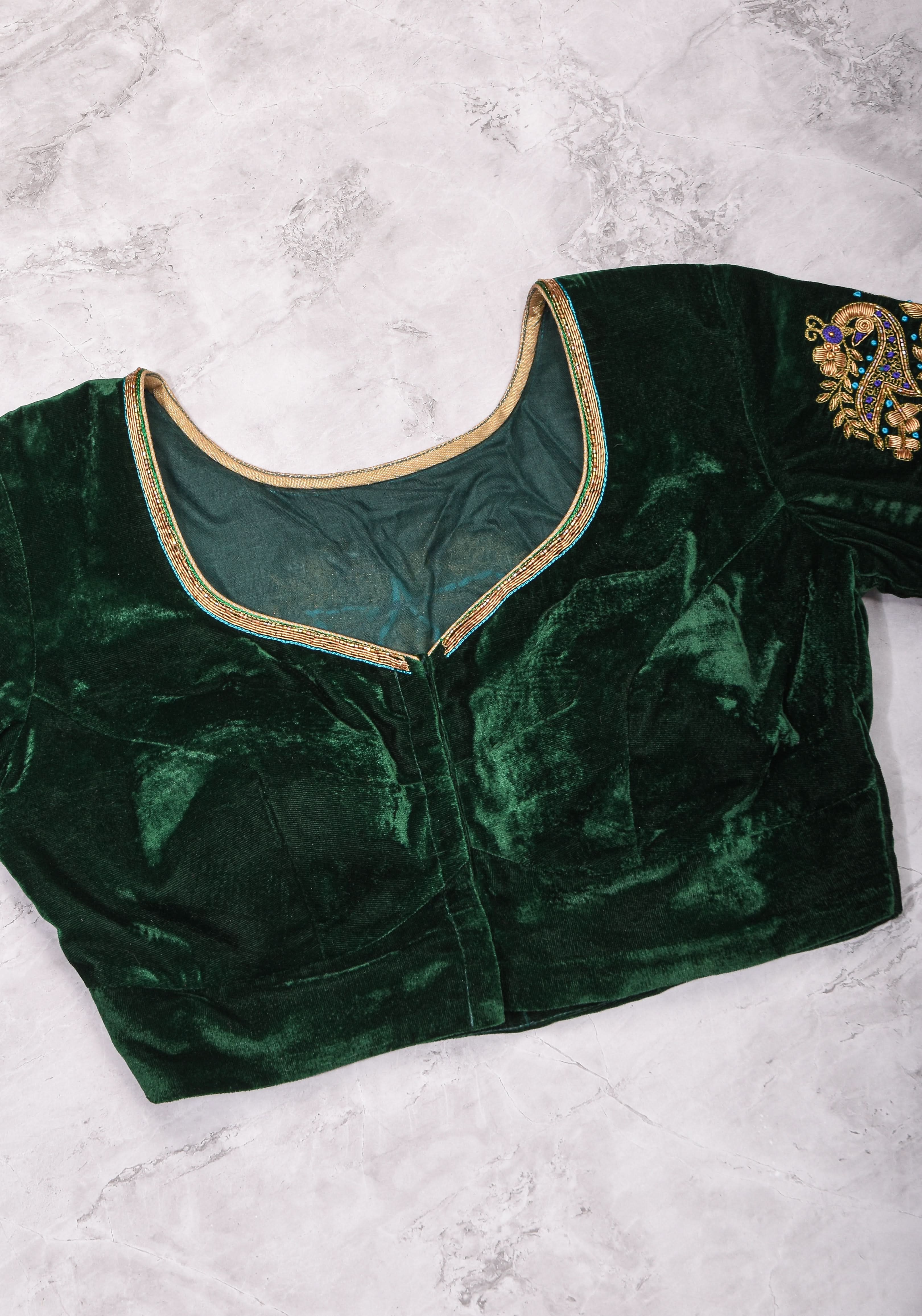Green Velvet Blouse with Zardosi Work Mix and Match Blouse for saree, Made to Order | Shobitam