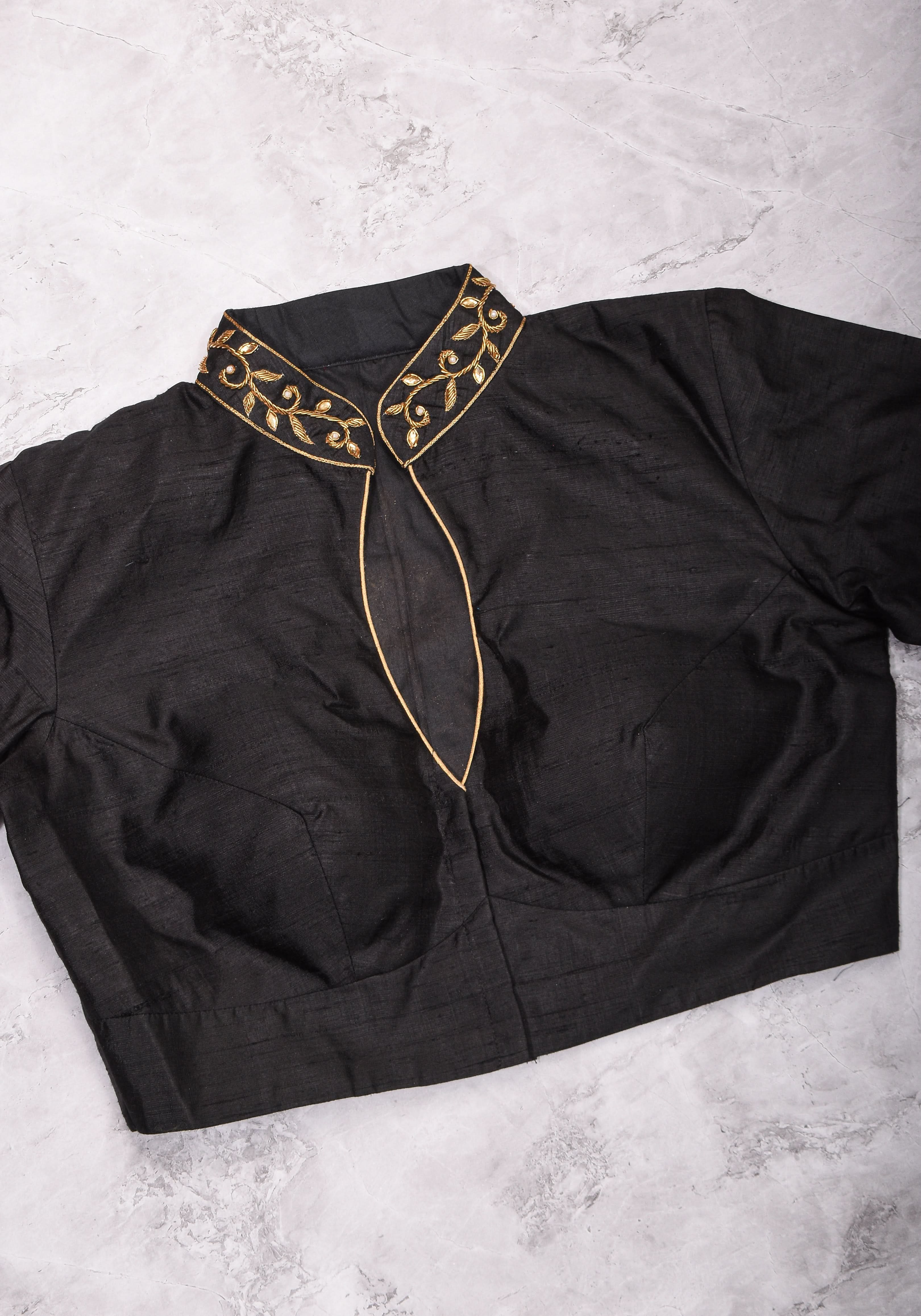 Black Raw Silk Blouse with Collar Neck and Zardosi Work Mix and Match Blouse for saree, Made to Order | Shobitam