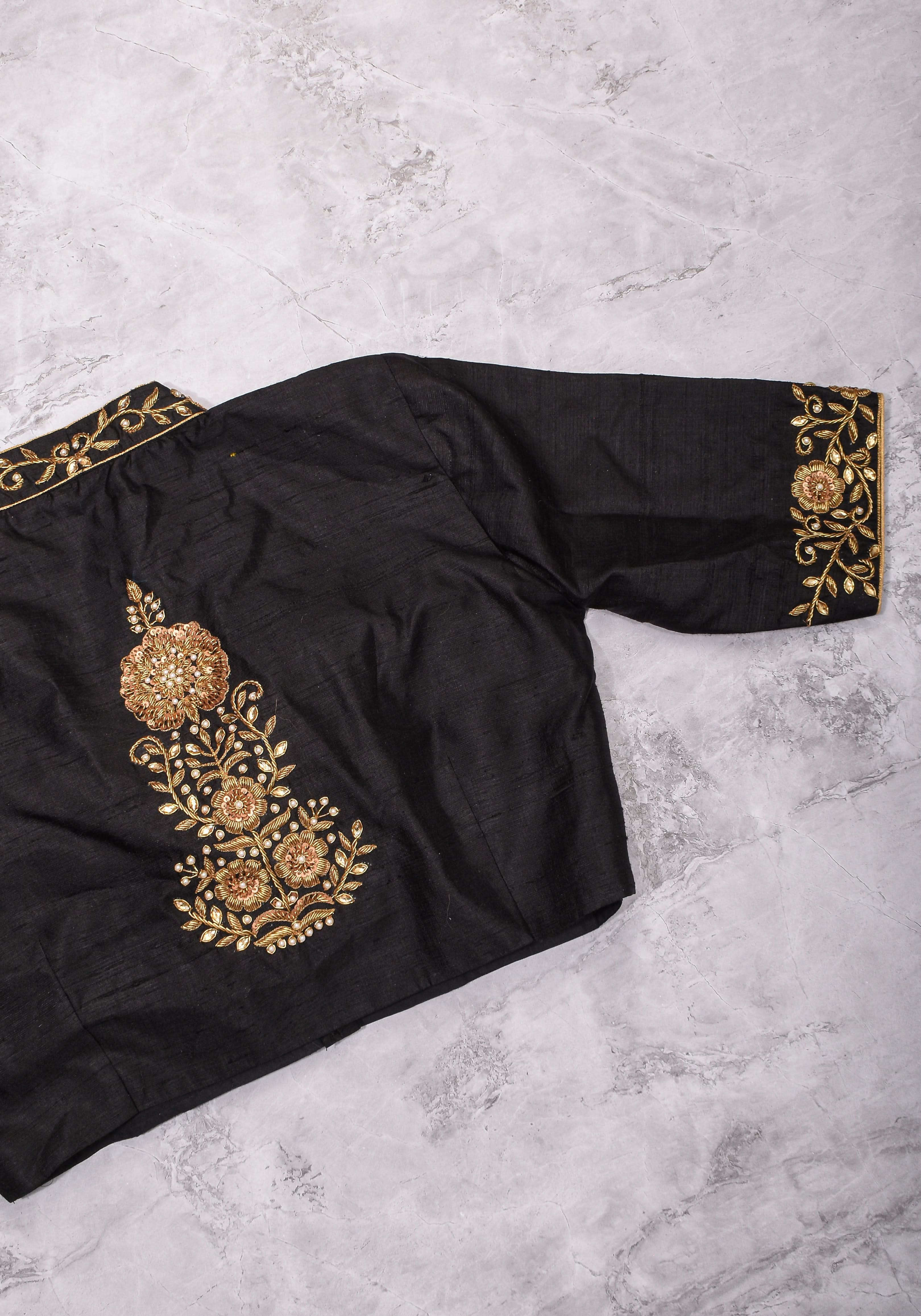 Black Raw Silk Blouse with Collar Neck and Zardosi Work Mix and Match Blouse for saree, Made to Order | Shobitam
