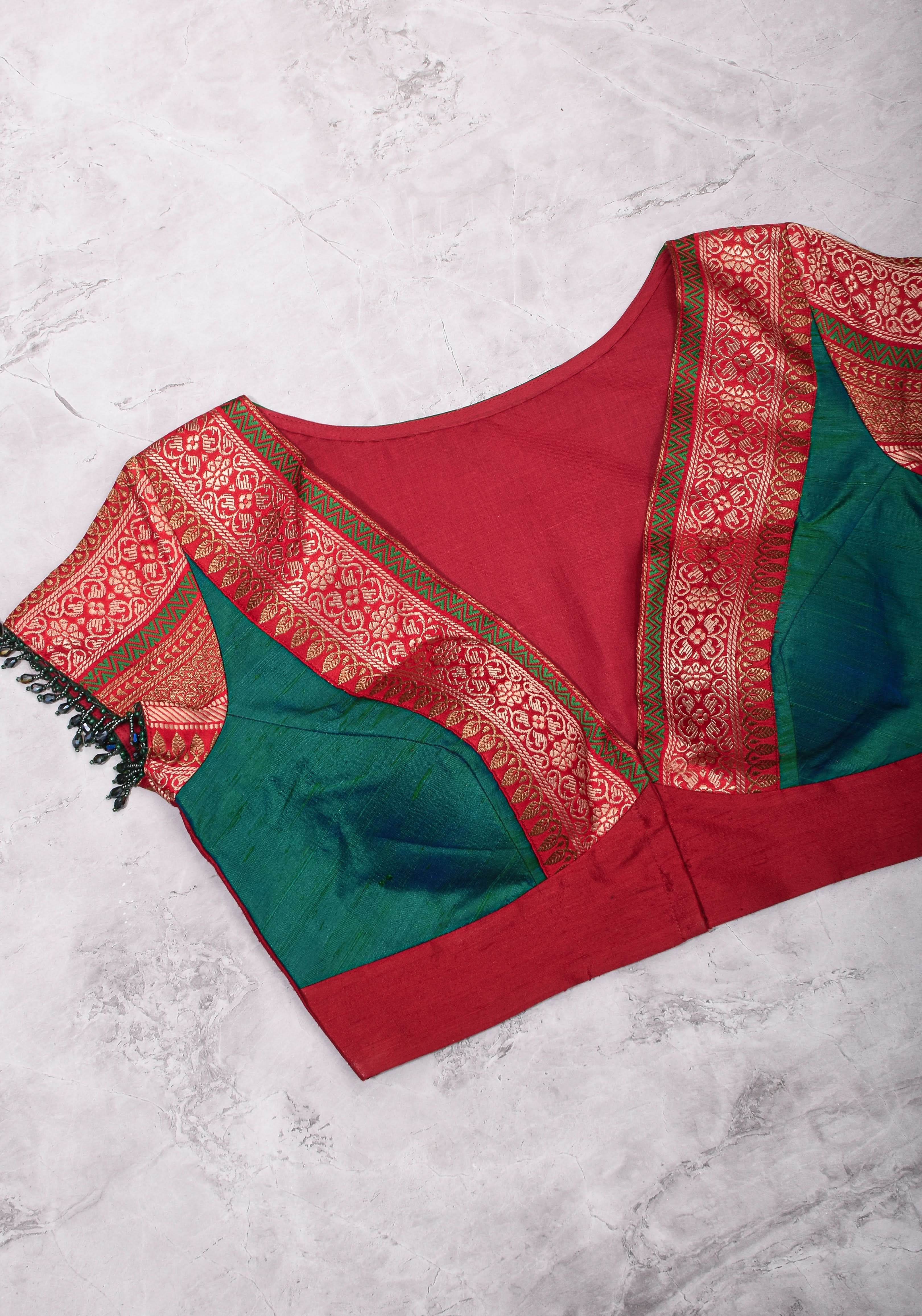 Green Red Blouse with V neck Mix and Match Blouse for saree, Made to Order | Shobitam