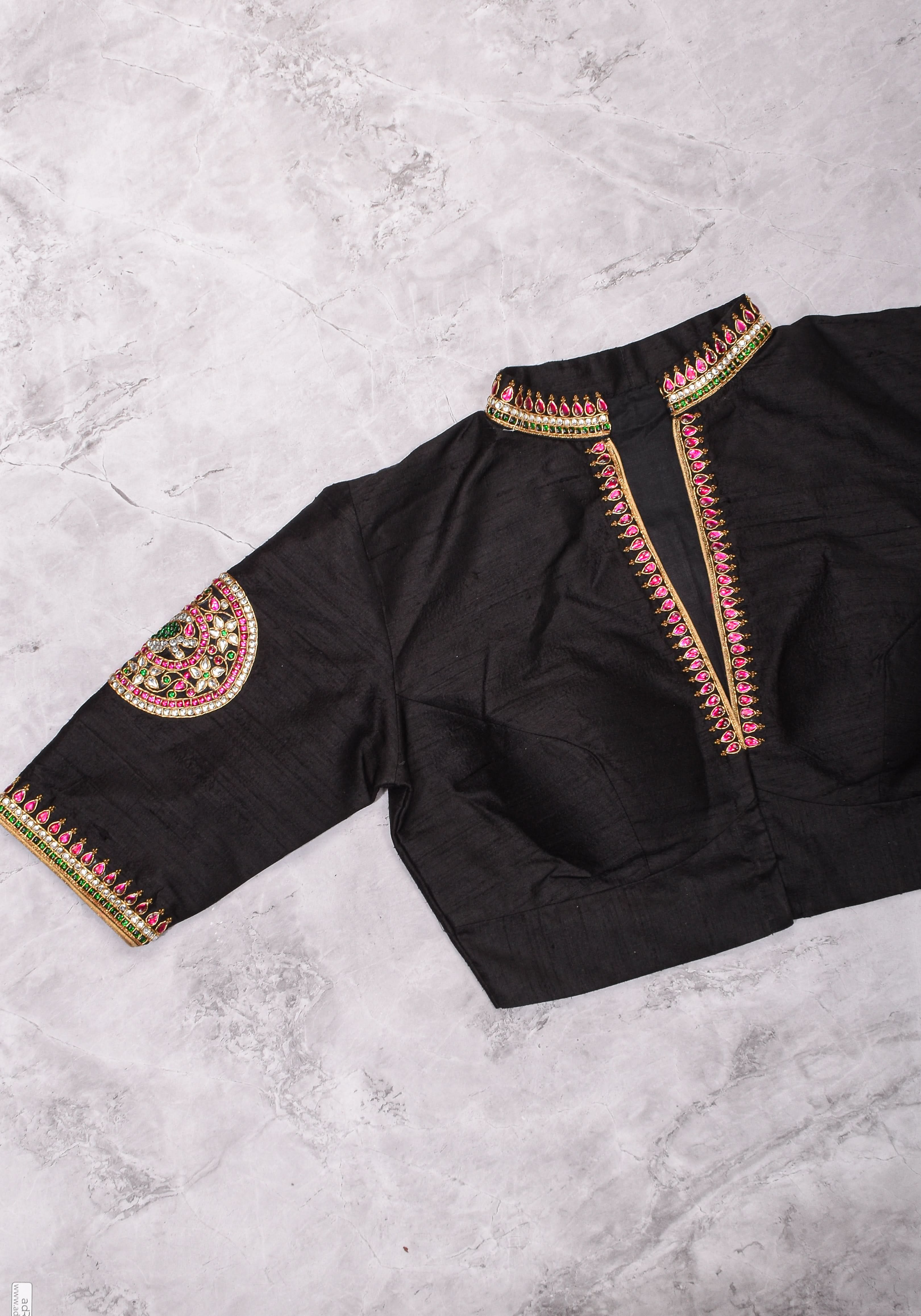 Black Raw Silk Blouse with Collar neck with Jadau Mandala Design, Made to Order | Shobitam