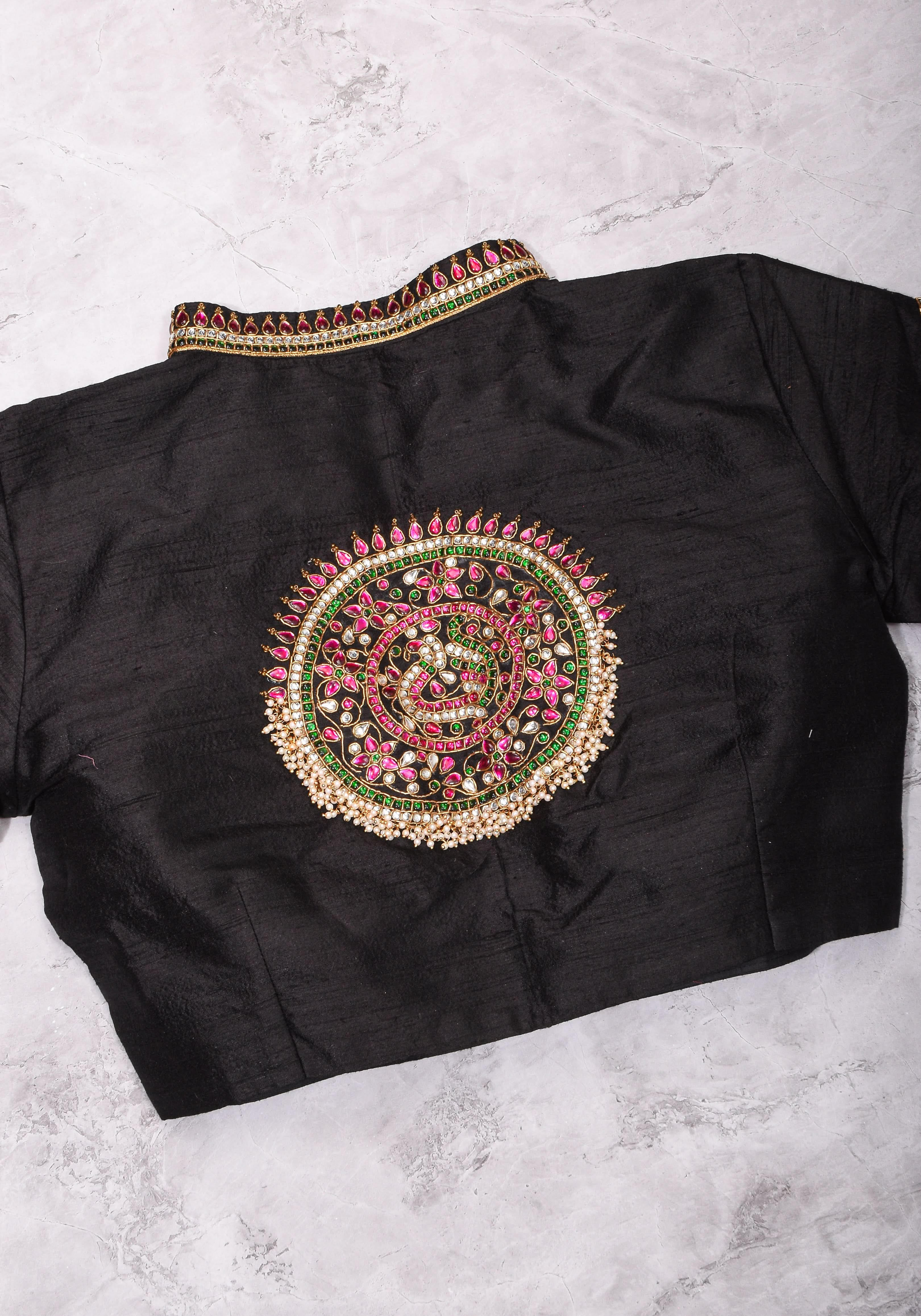 Black Raw Silk Blouse with Collar neck with Jadau Mandala Design, Made to Order | Shobitam