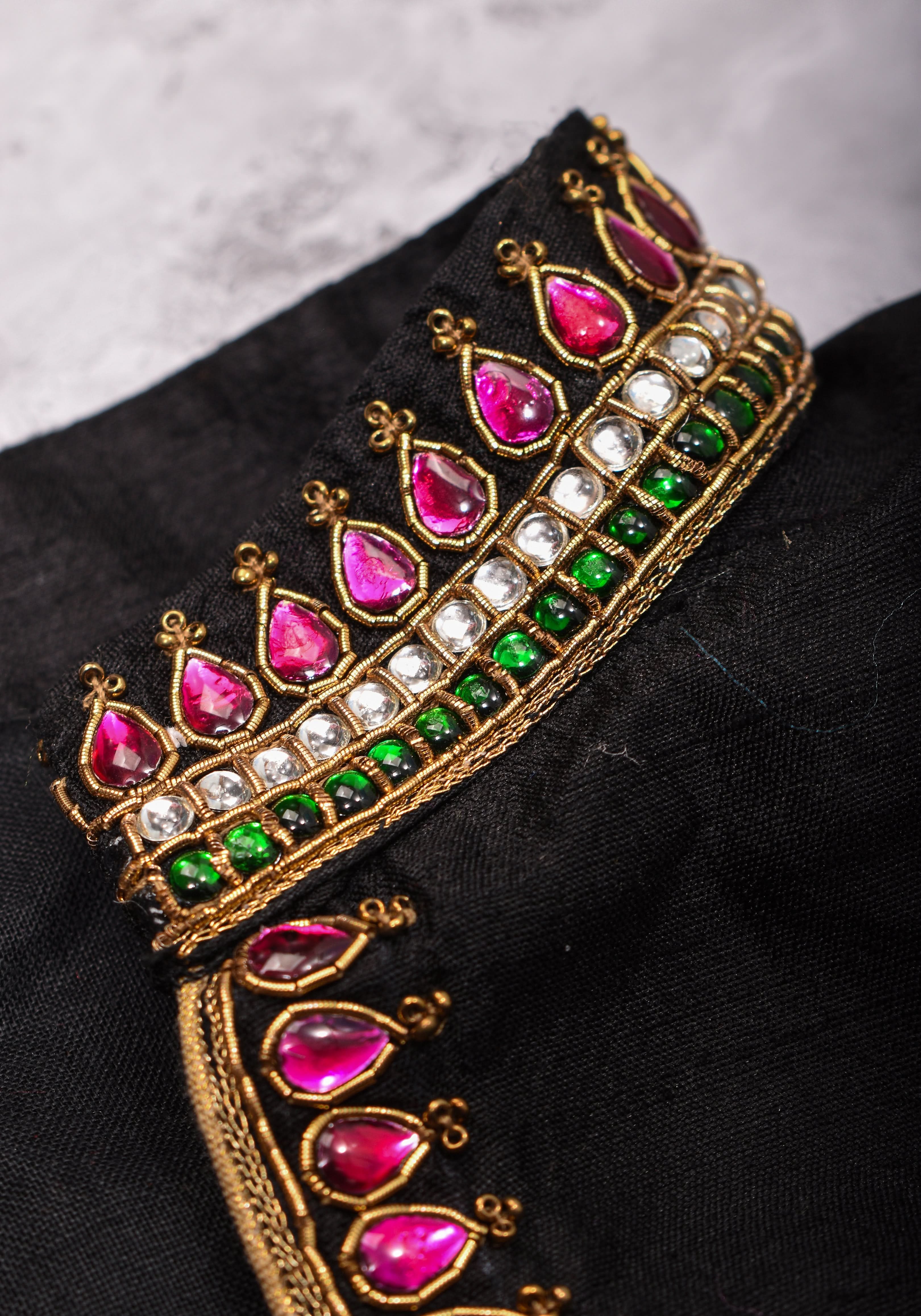 Black Raw Silk Blouse with Collar neck with Jadau Mandala Design, Made to Order | Shobitam