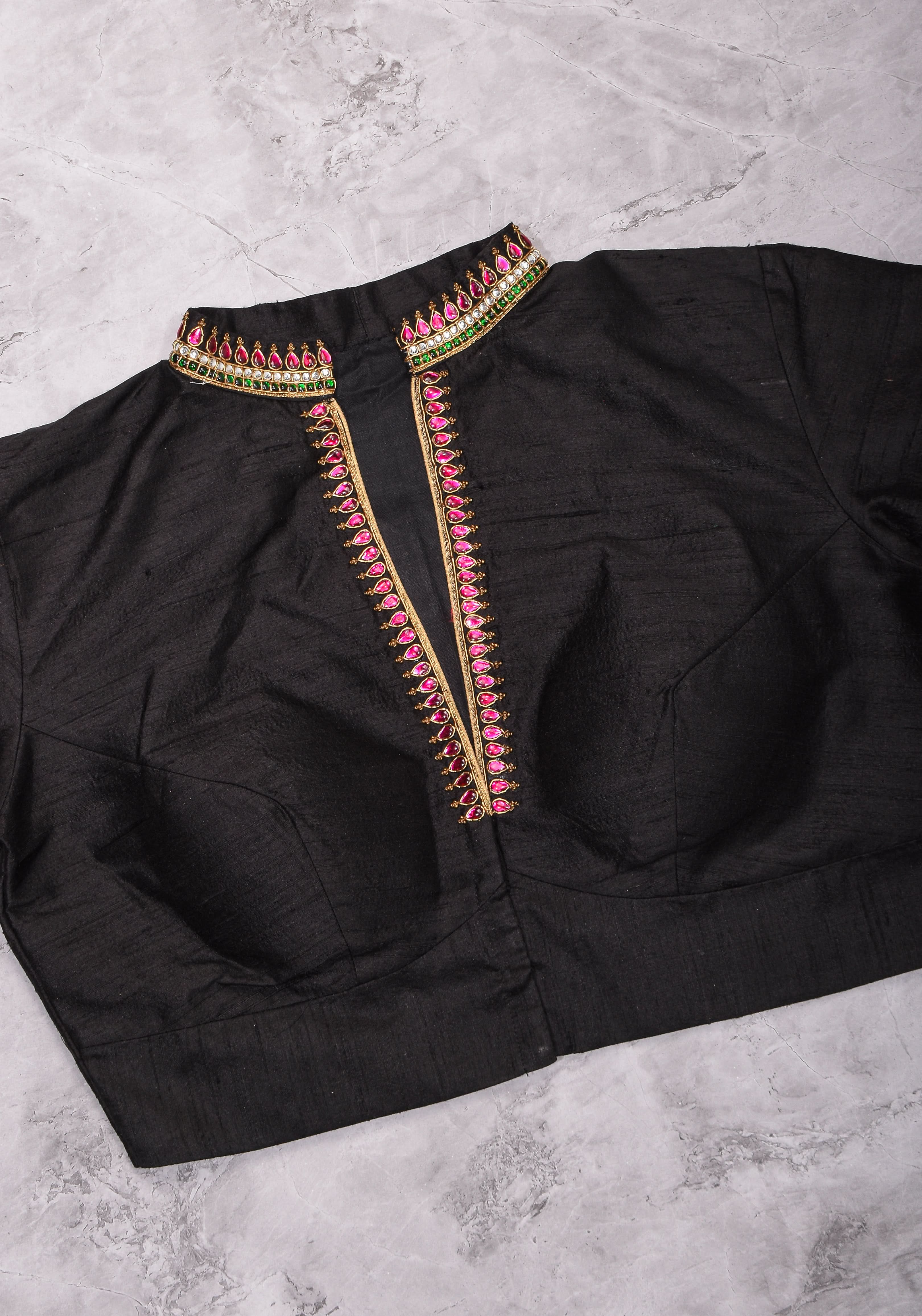 Black Raw Silk Blouse with Collar neck with Jadau Mandala Design, Made to Order | Shobitam