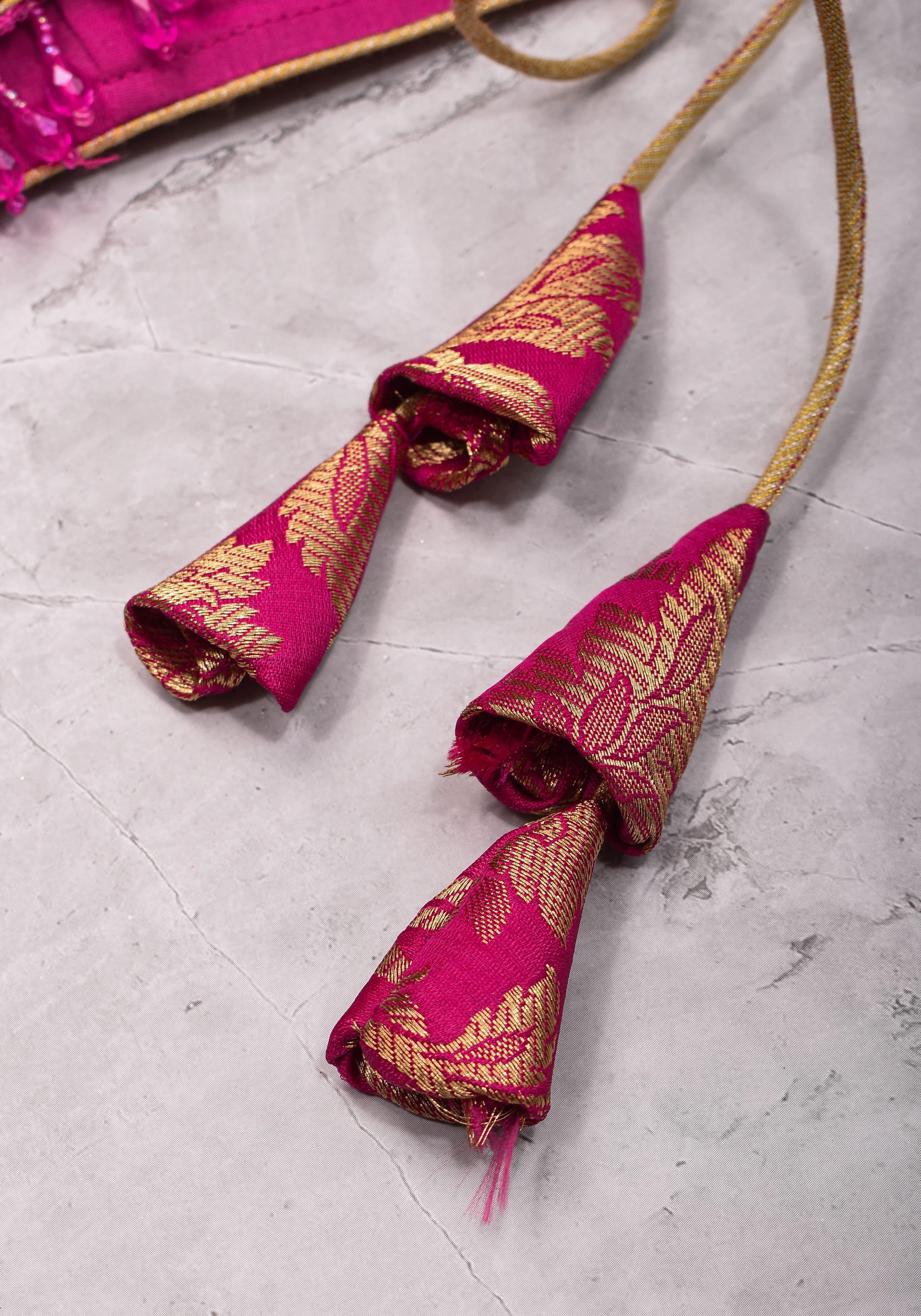 Rani Pink Banarasi Brocade Blouse with Back tie design and dangling beads | Shobitam
