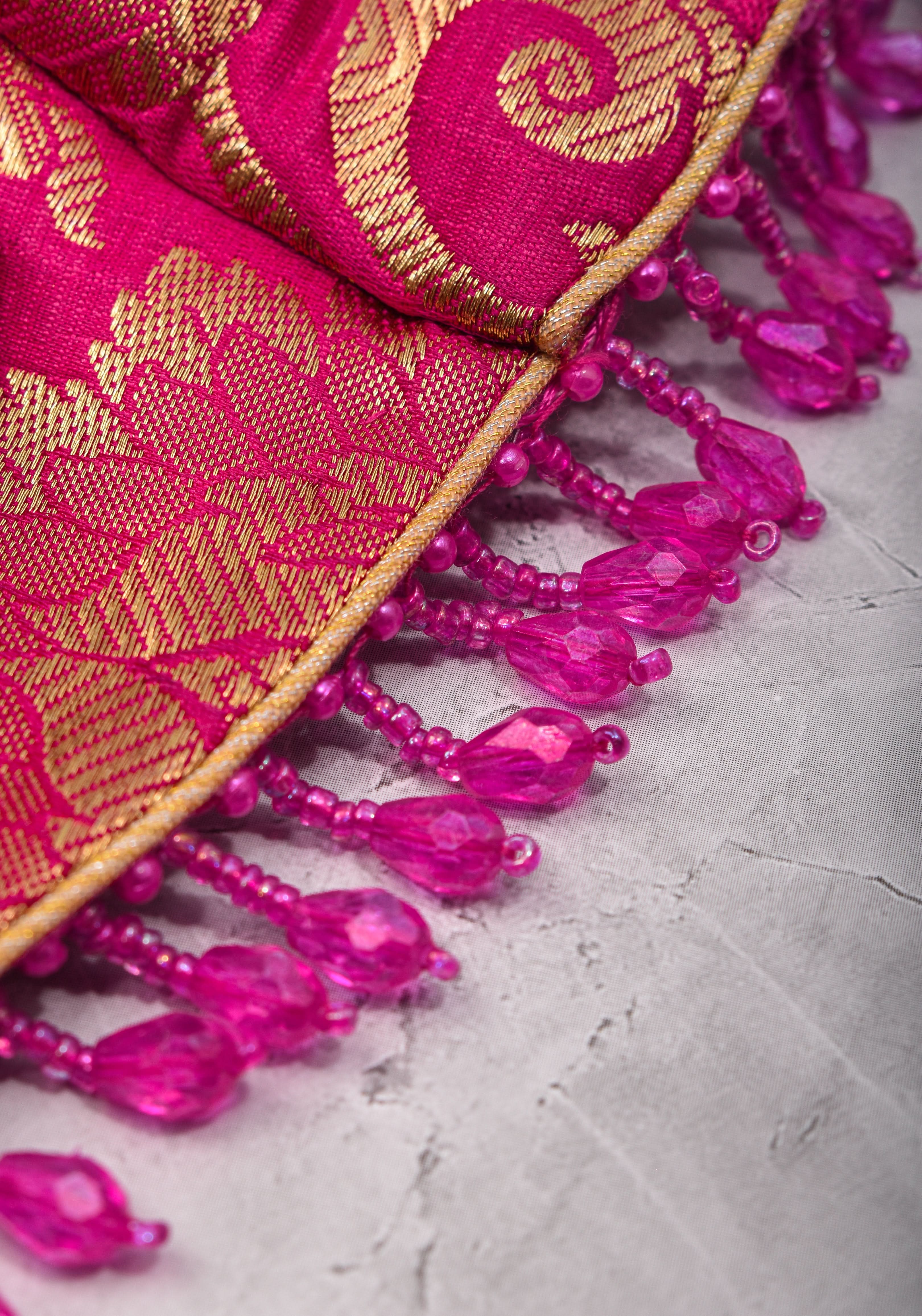 Rani Pink Banarasi Brocade Blouse with Back tie design and dangling beads | Shobitam