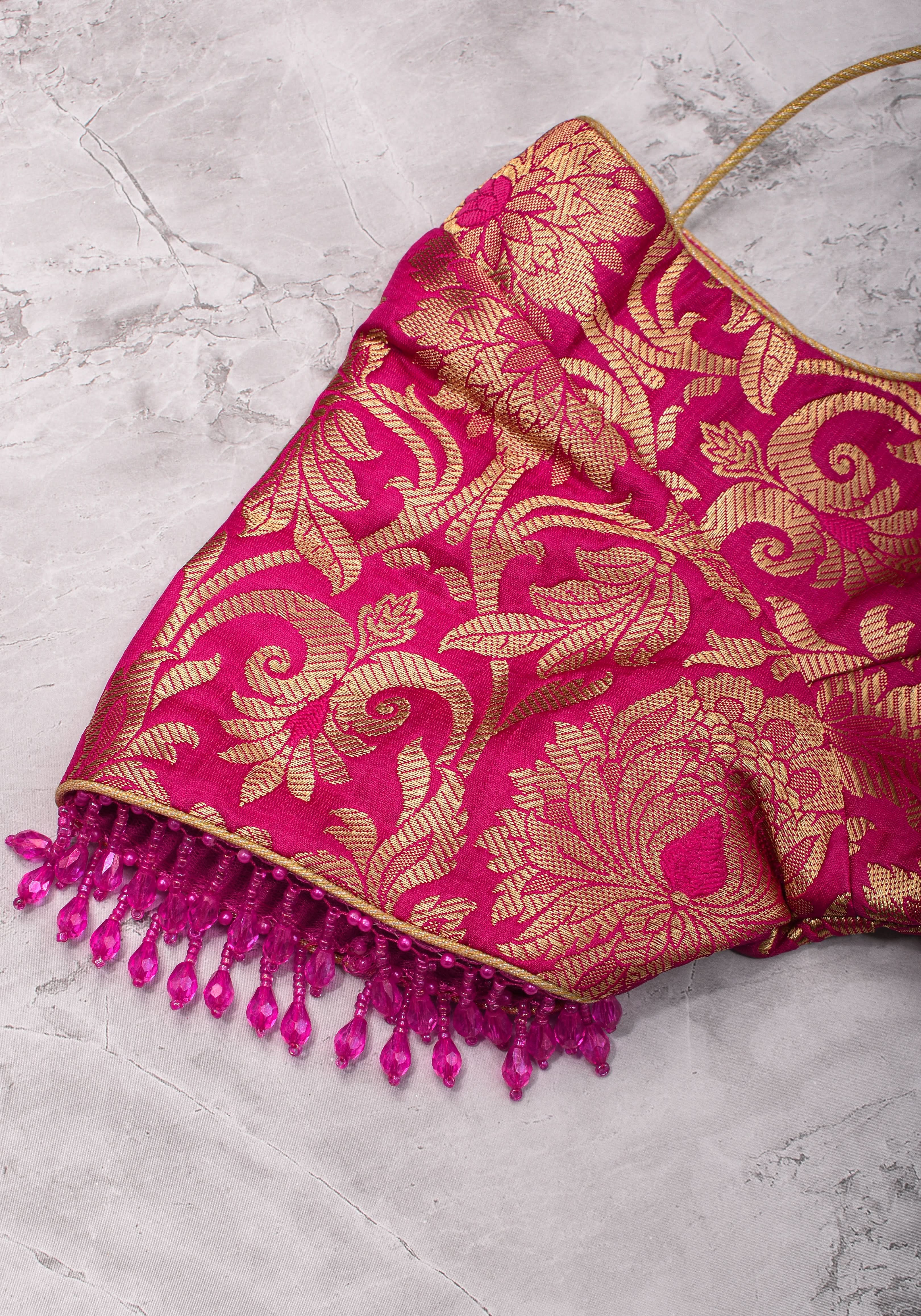 Rani Pink Banarasi Brocade Blouse with Back tie design and dangling beads | Shobitam