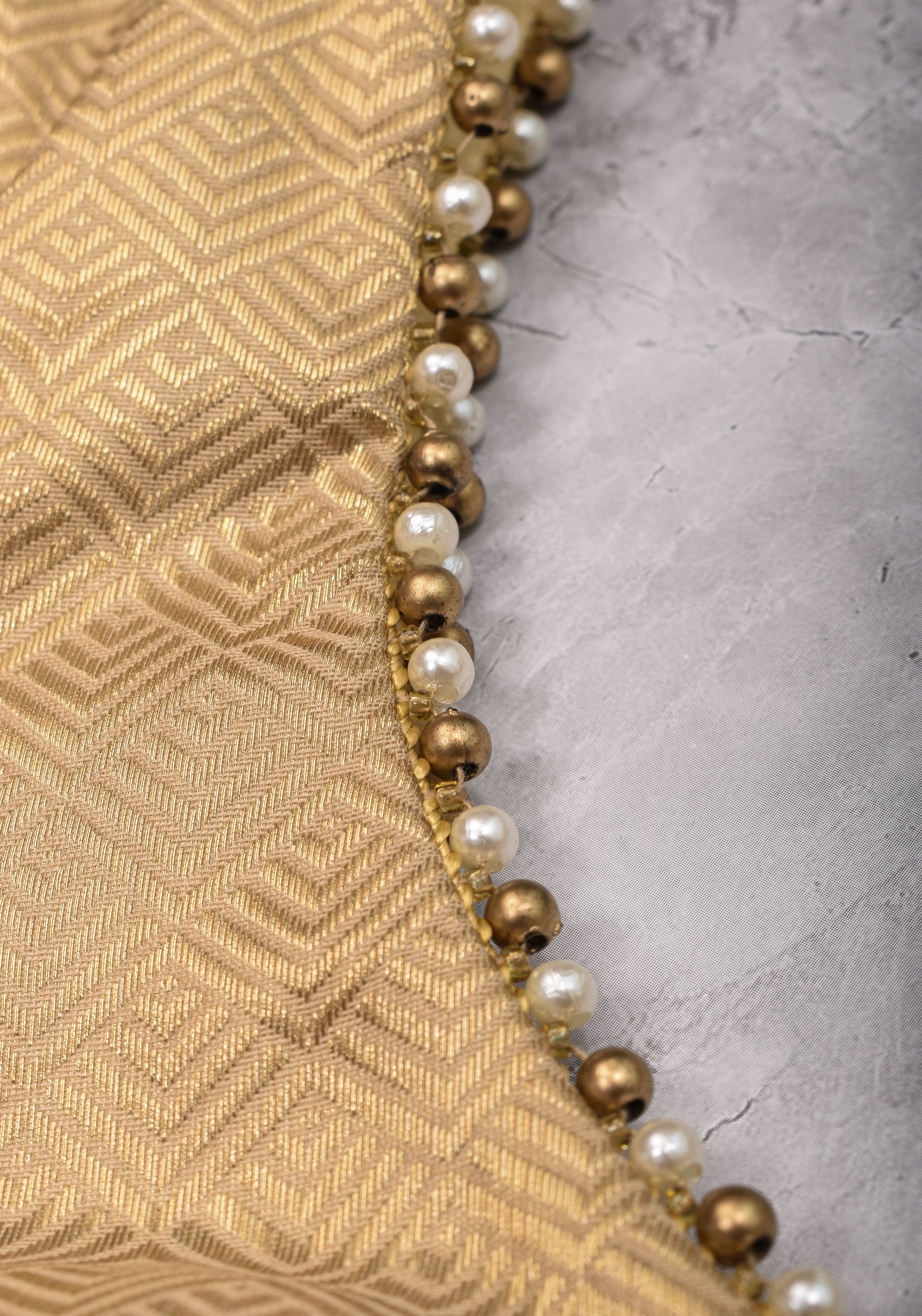 Gold tone sweetheart neck blouse with puff sleeves with beads detailing | Made to Order | Shobitam