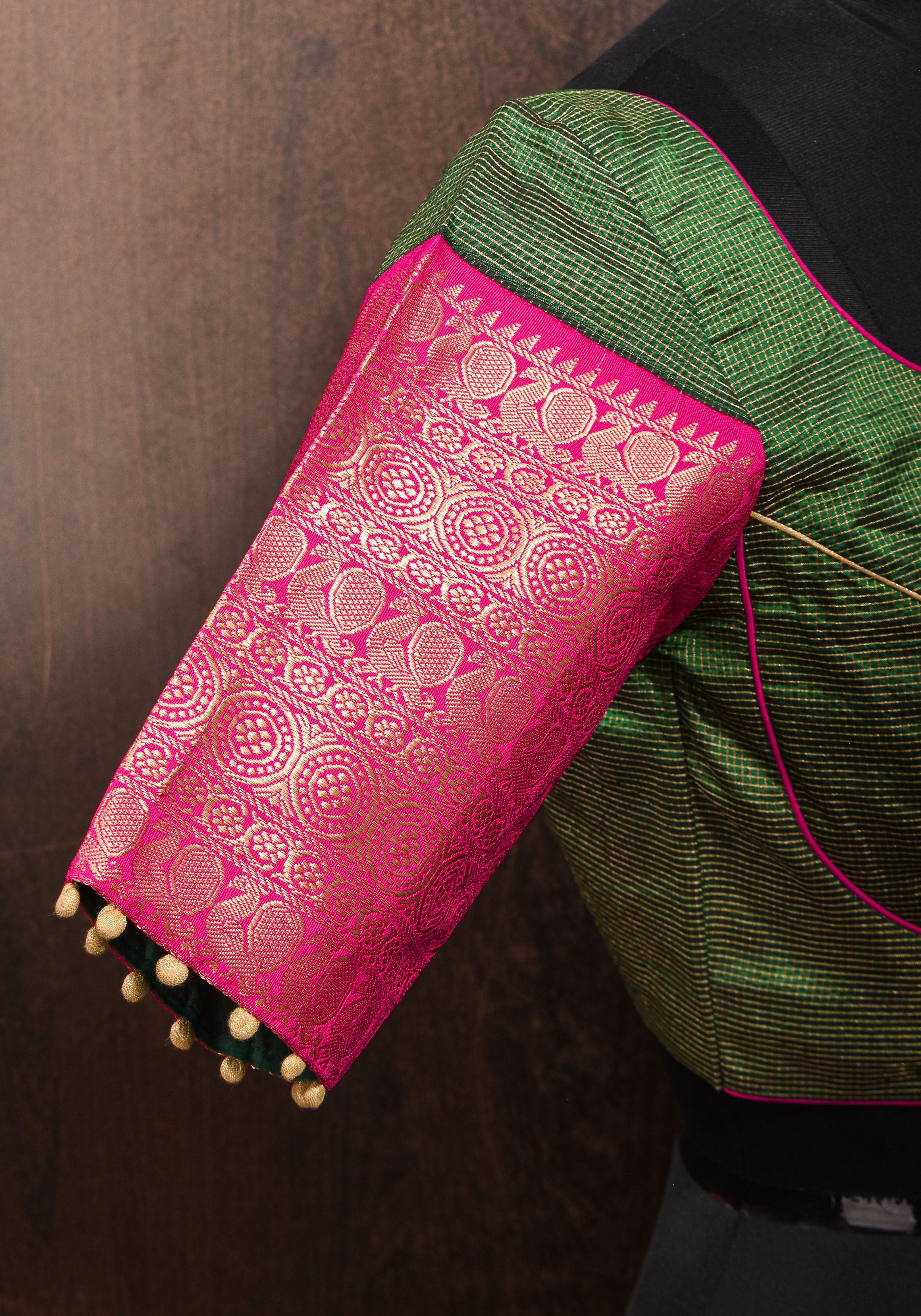 Kanjivaram Silk Blouse with Zari Checks detailing and wide Pink Border | Shobitam