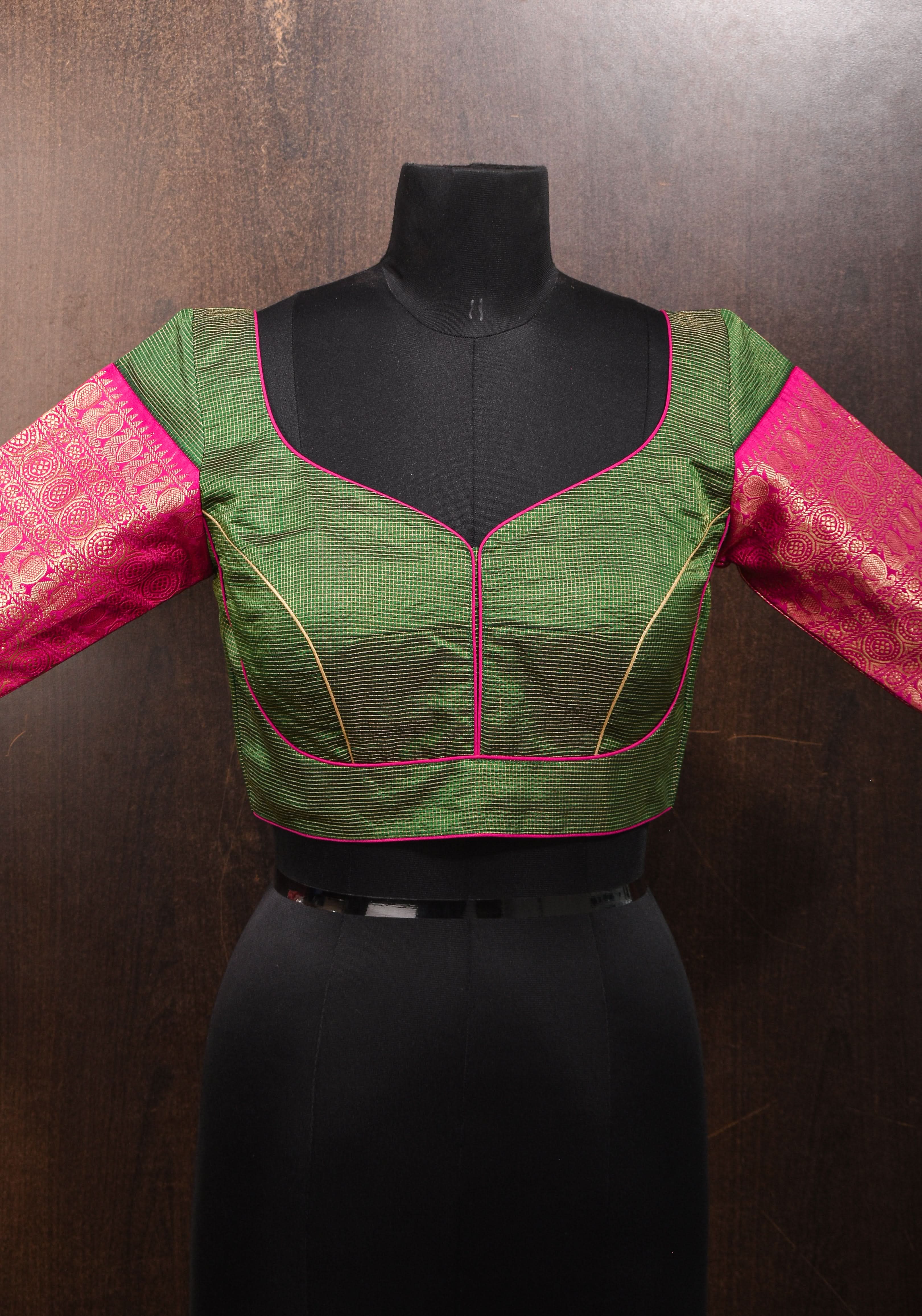 Kanjivaram Silk Blouse with Zari Checks detailing and wide Pink Border | Shobitam
