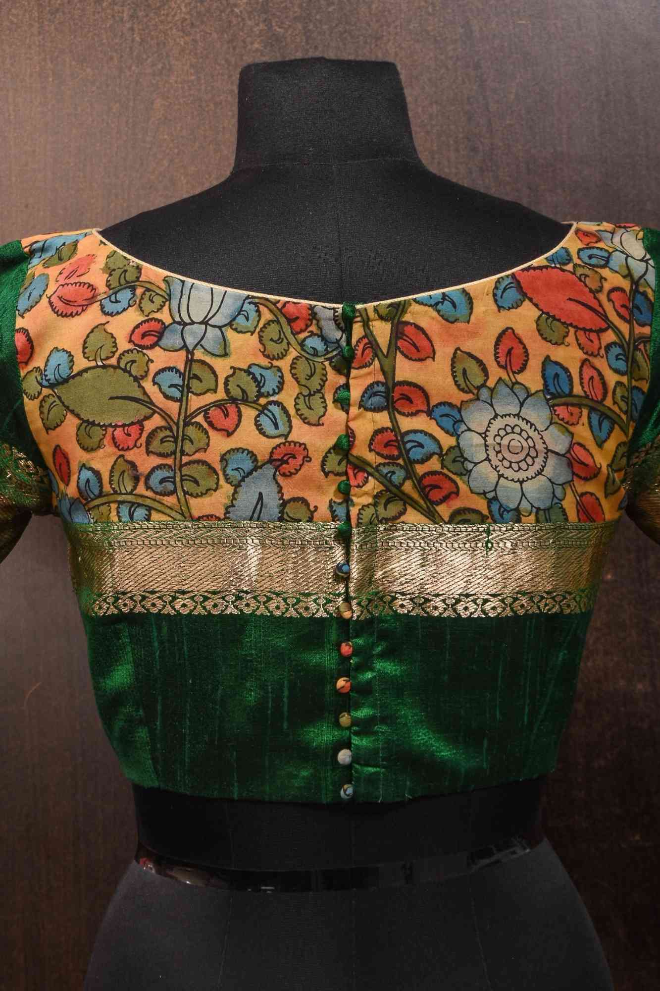 Pure Raw Silk Blouse in Emerlad Green with Kalamkari Yoke Cutout pattern
