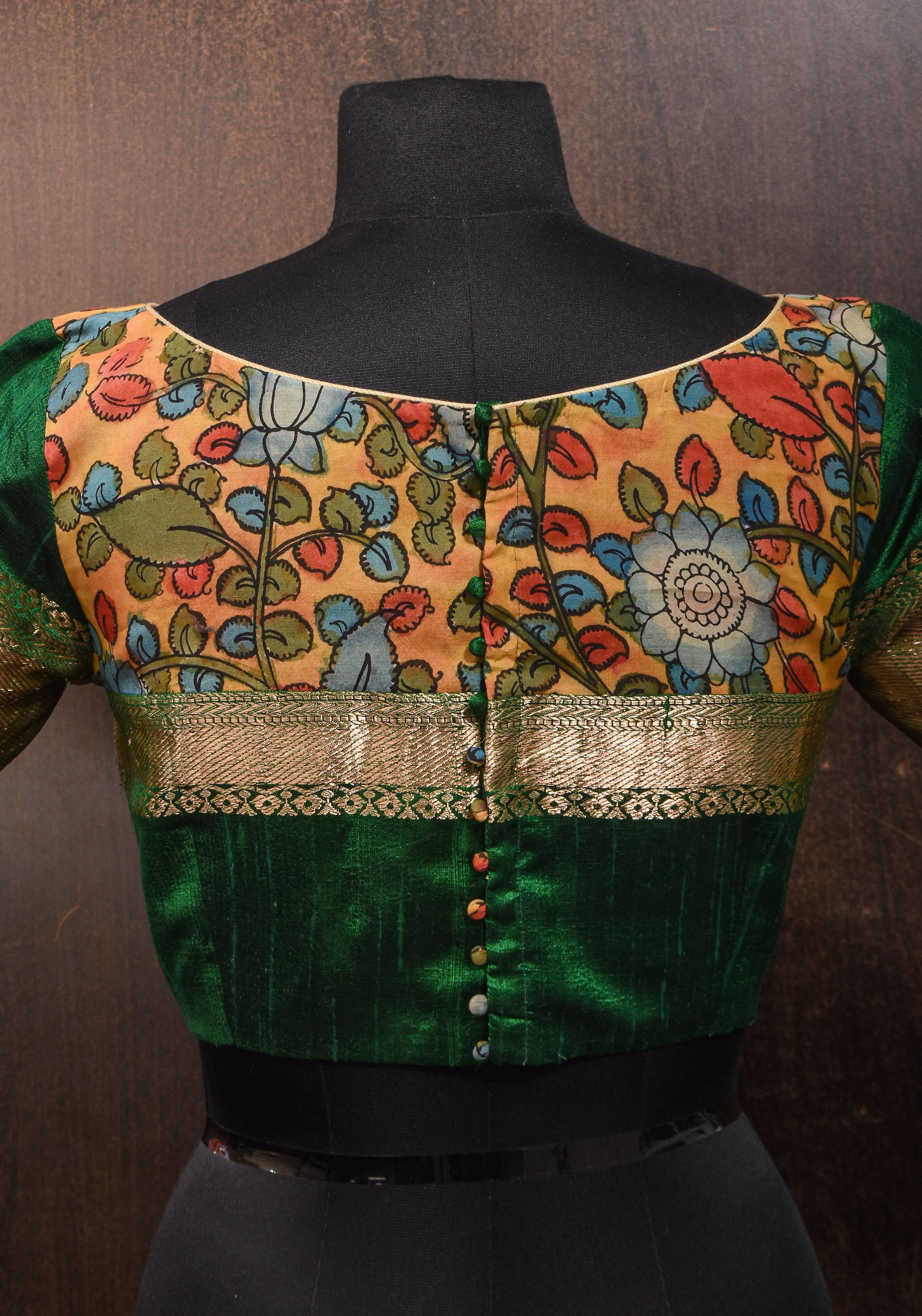 Pure Raw Silk Blouse in Emerlad Green with Kalamkari Yoke Cutout pattern | Shobitam