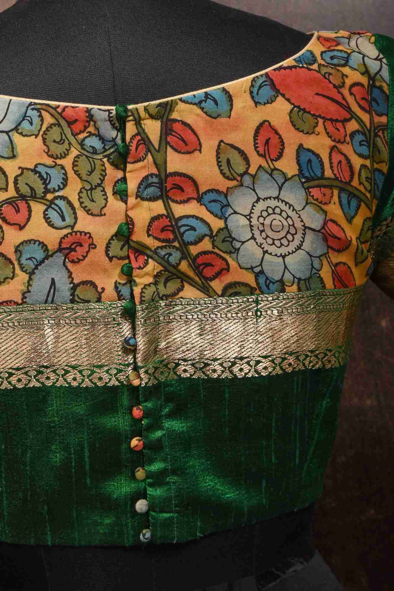 Pure Raw Silk Blouse in Emerlad Green with Kalamkari Yoke Cutout pattern