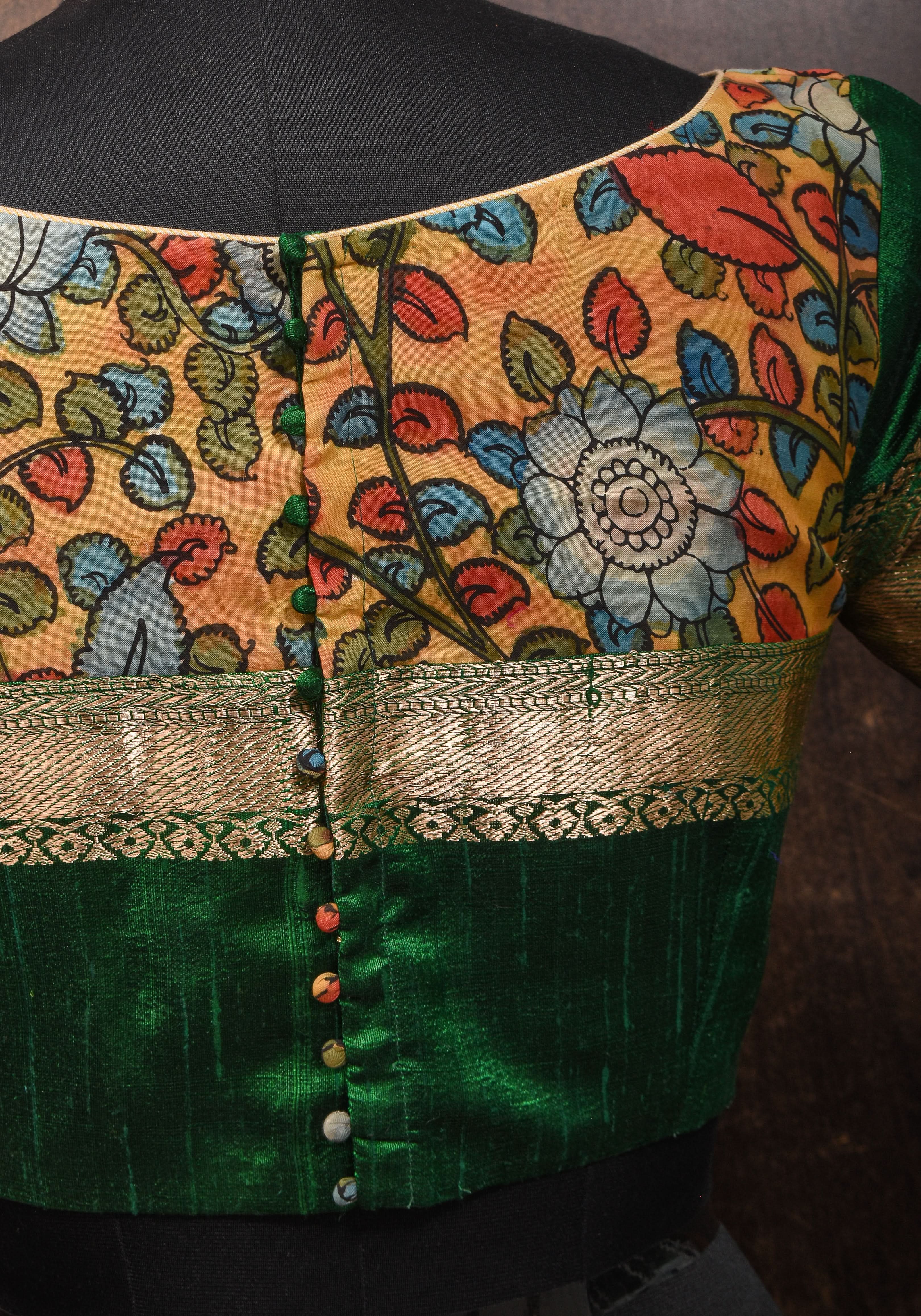 Pure Raw Silk Blouse in Emerlad Green with Kalamkari Yoke Cutout pattern | Shobitam