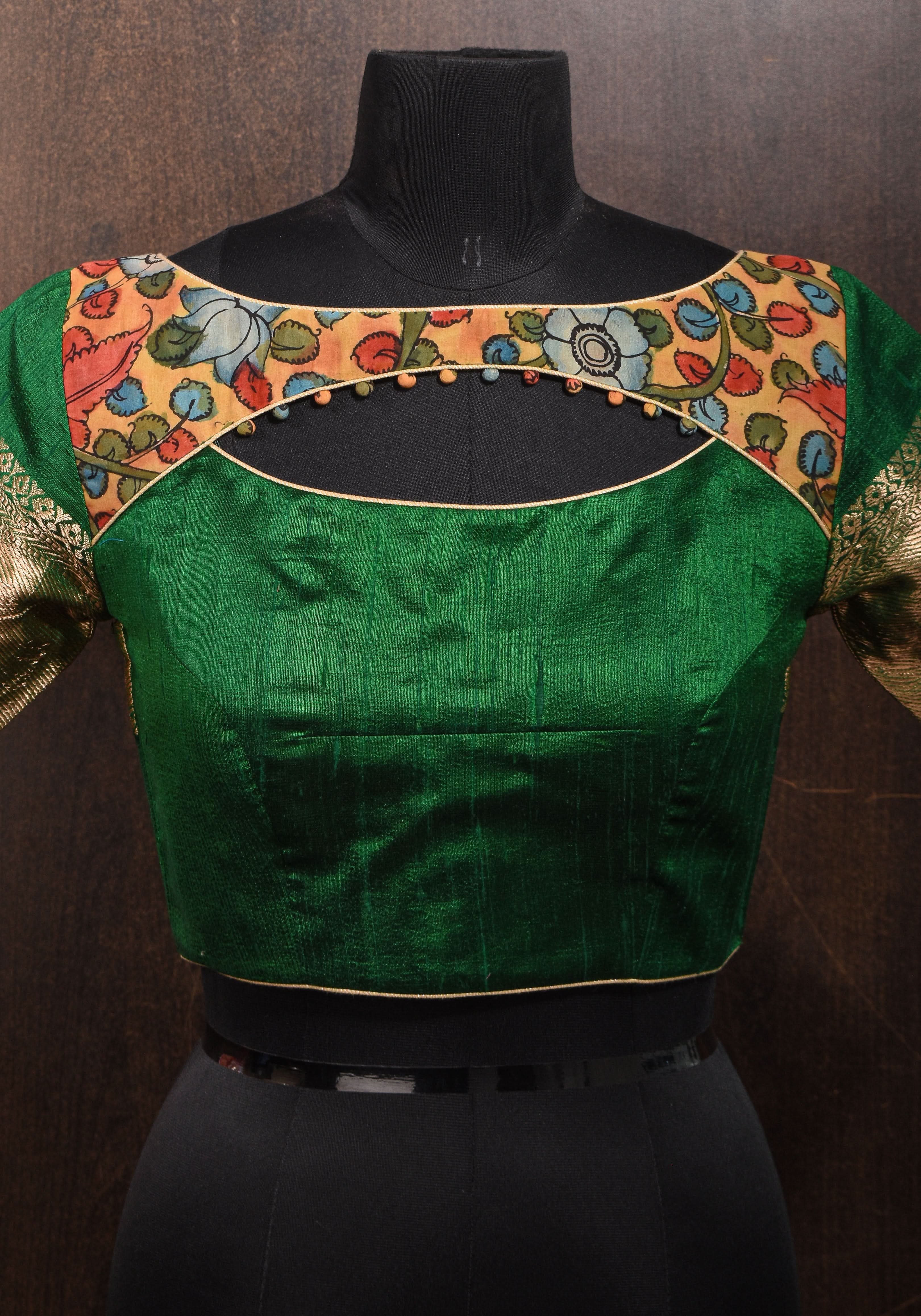 Pure Raw Silk Blouse in Emerlad Green with Kalamkari Yoke Cutout pattern | Shobitam