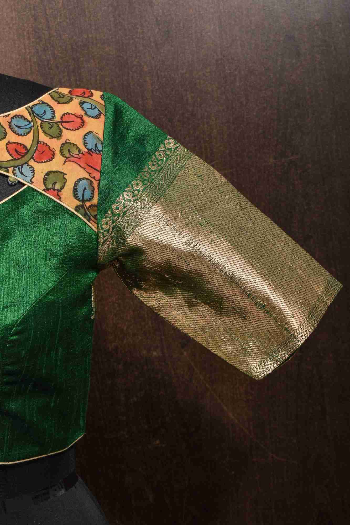 Pure Raw Silk Blouse in Emerlad Green with Kalamkari Yoke Cutout pattern