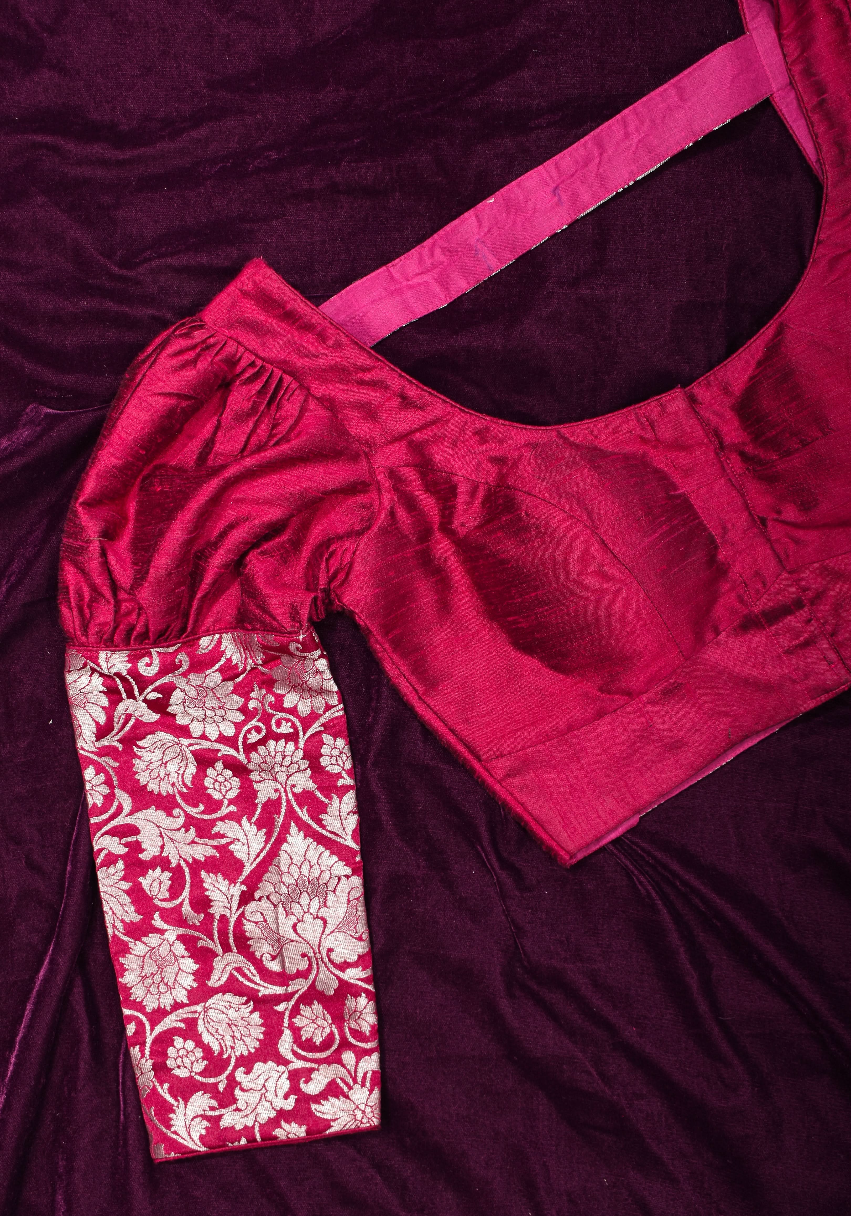 Made To Order: Magenta Pure Raw Silk Blouse with Puff Sleeves and Banarasi Brocade Detailing | Shobitam