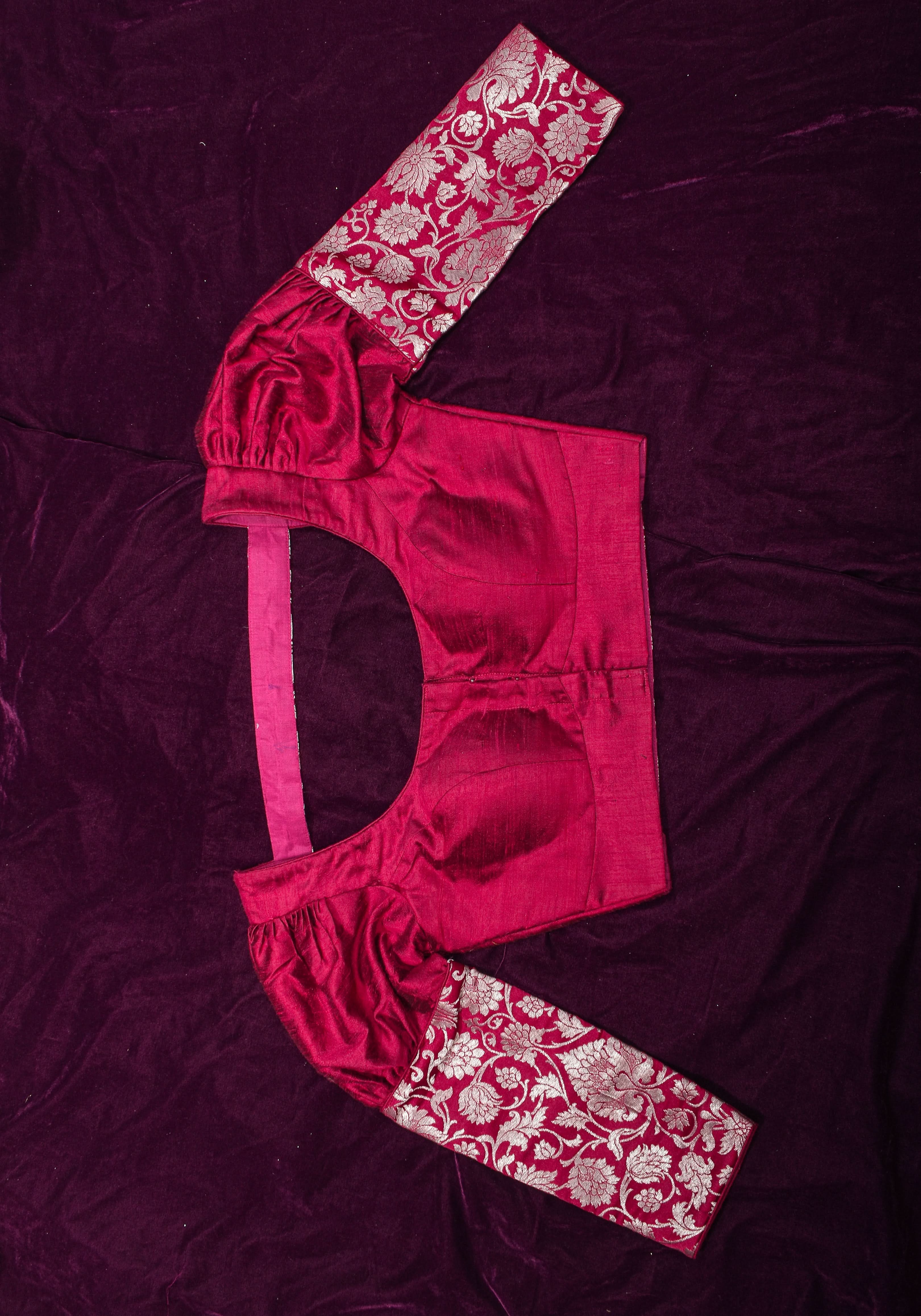 Made To Order: Magenta Pure Raw Silk Blouse with Puff Sleeves and Banarasi Brocade Detailing | Shobitam