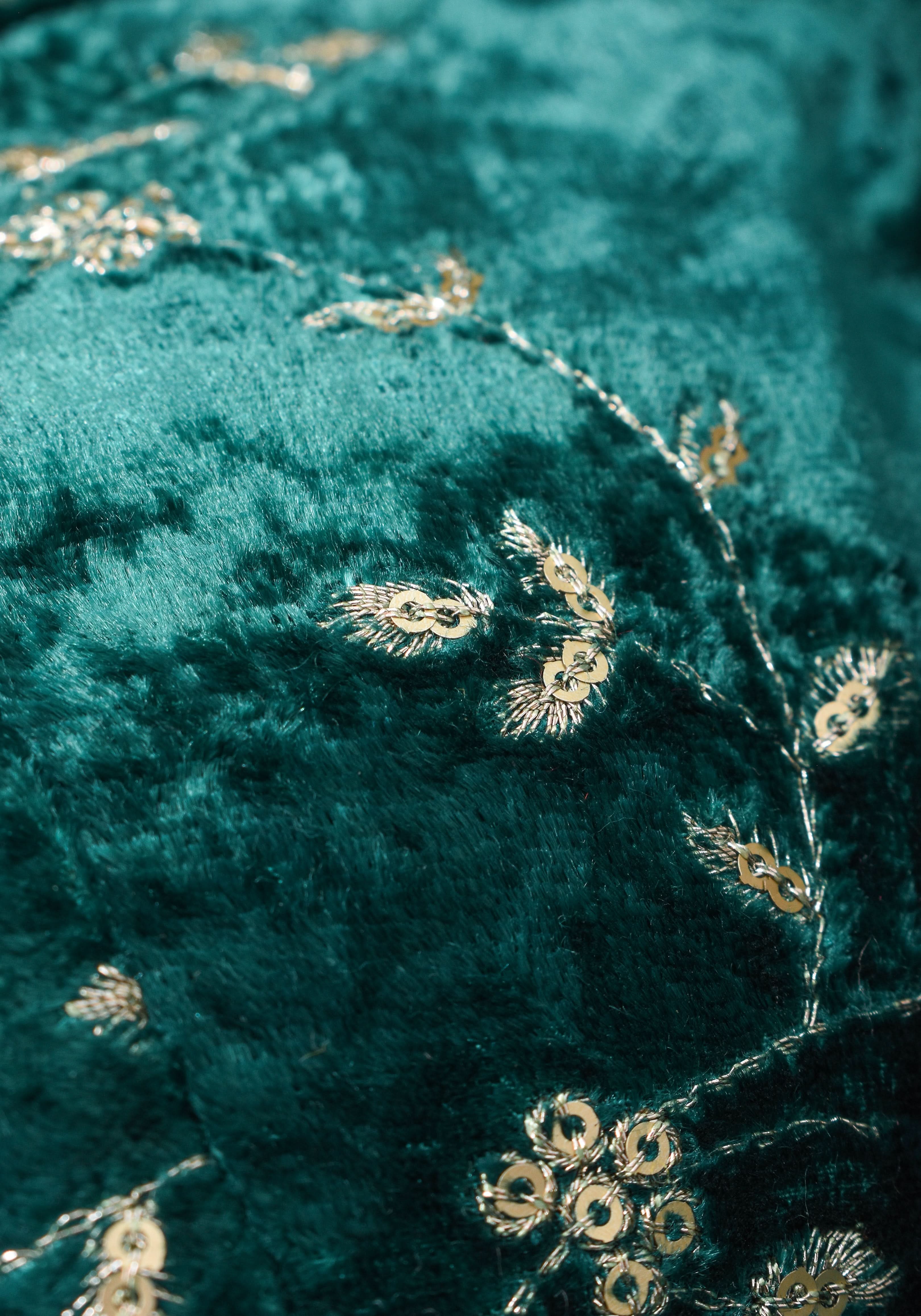 Rama green velvet with Antique Gold sequins Arch Neck blouse, Made to Order | SHOBITAM