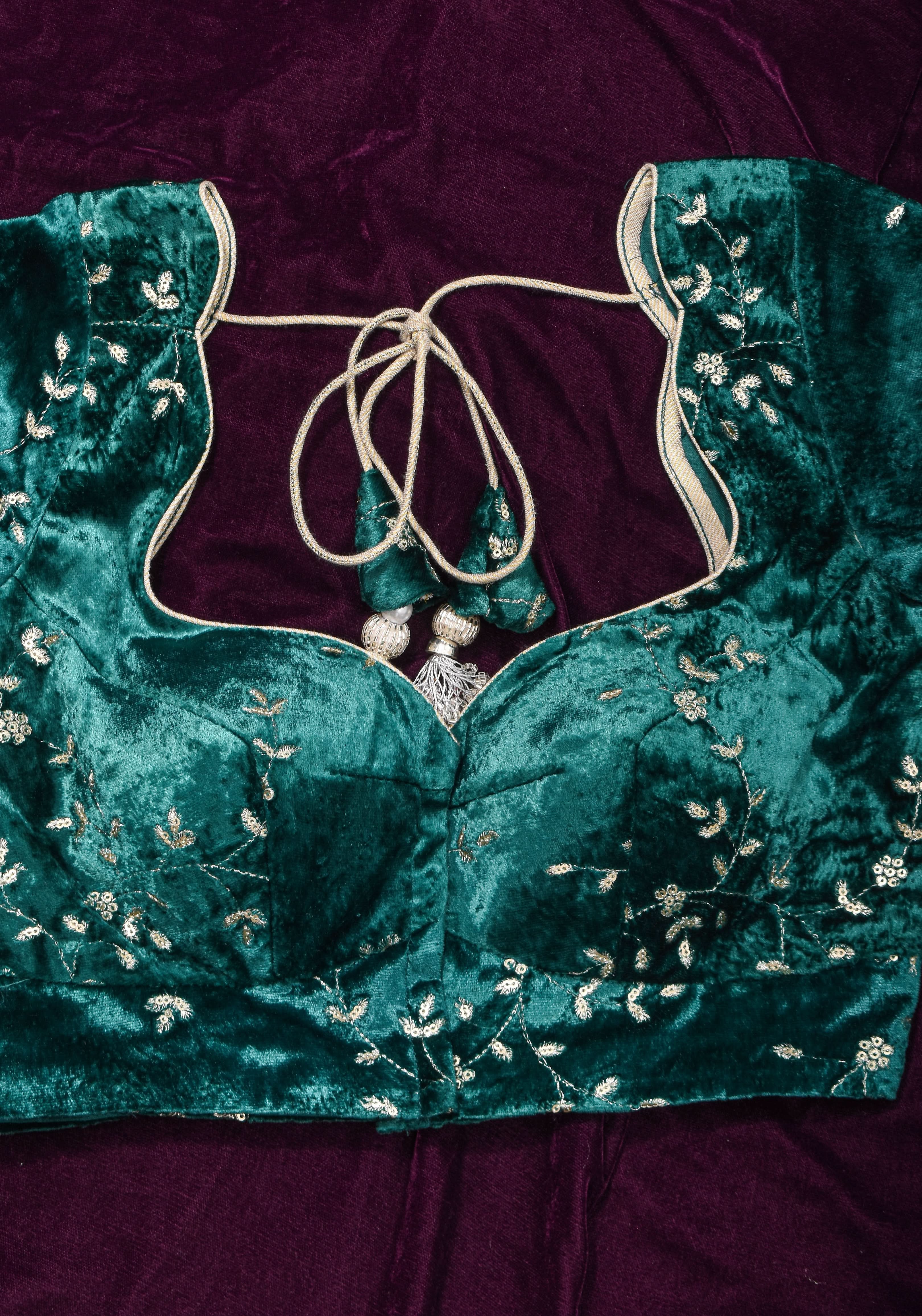 Rama green velvet with Antique Gold sequins Arch Neck blouse, Made to Order | SHOBITAM