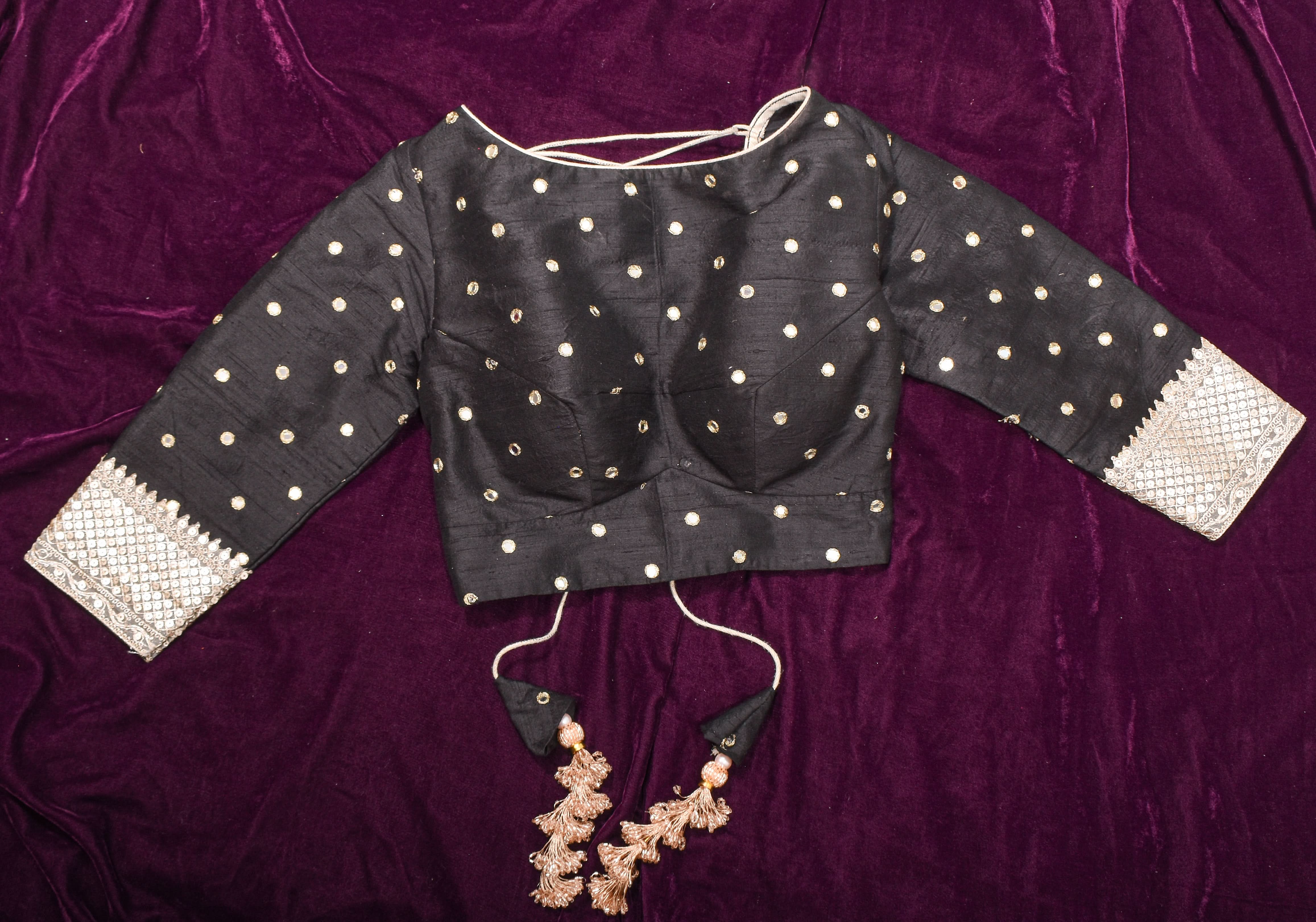 Black Pure raw silk blouse with mirror work,backless design with gotta trim. Made to Order | Shobitam