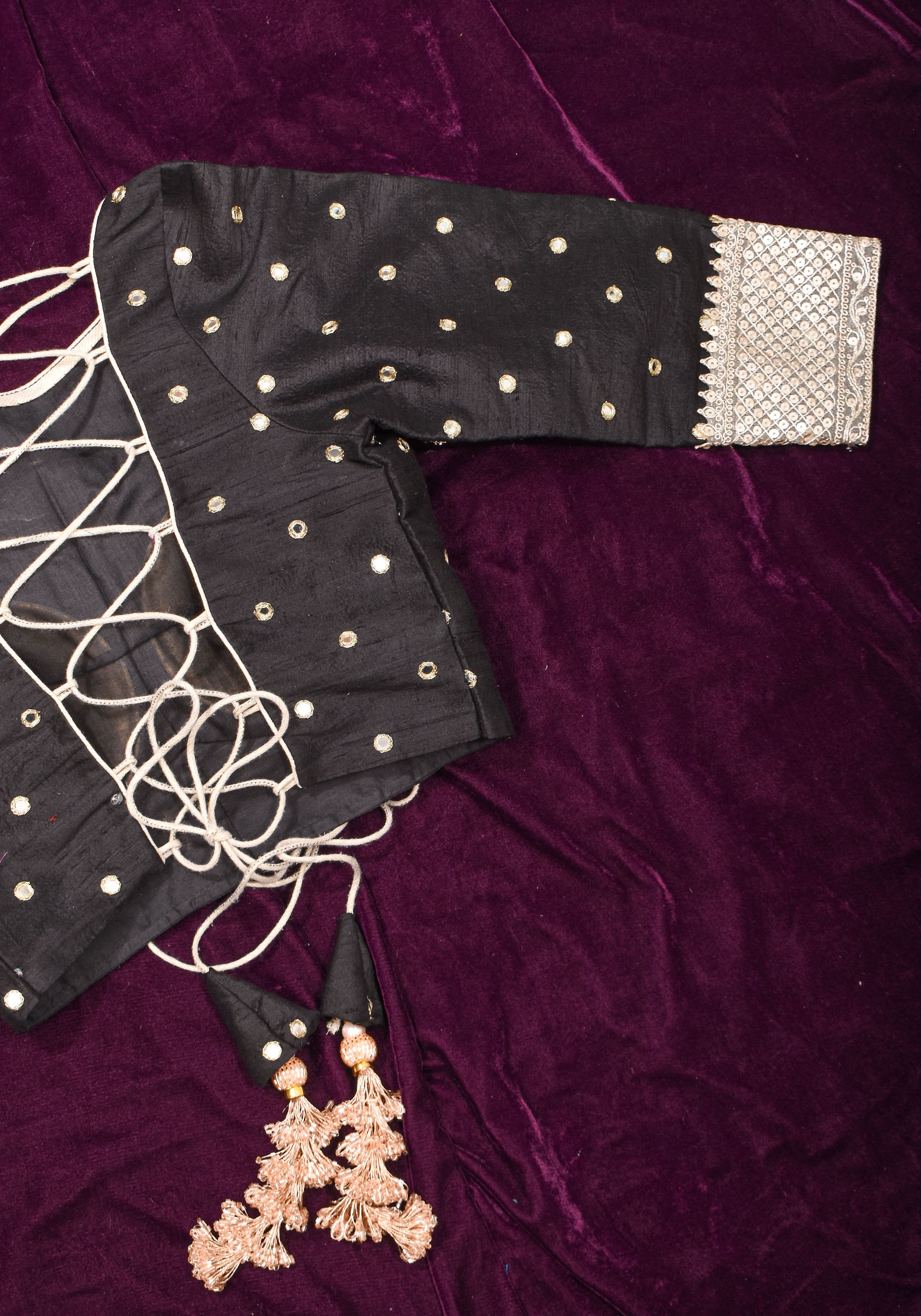 Black Pure raw silk blouse with mirror work,backless design with gotta trim. Made to Order | Shobitam