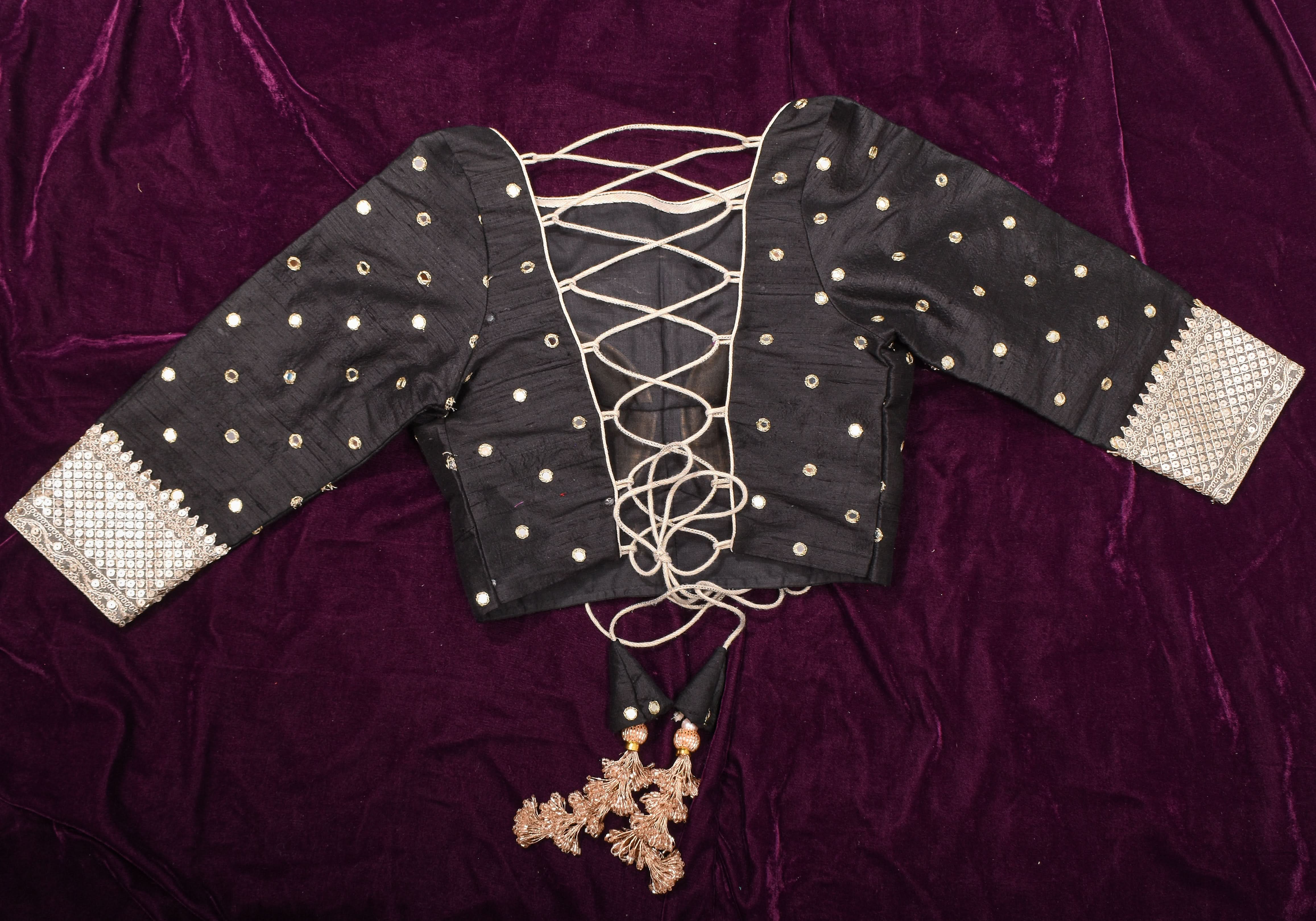 Black Pure raw silk blouse with mirror work,backless design with gotta trim. Made to Order | Shobitam