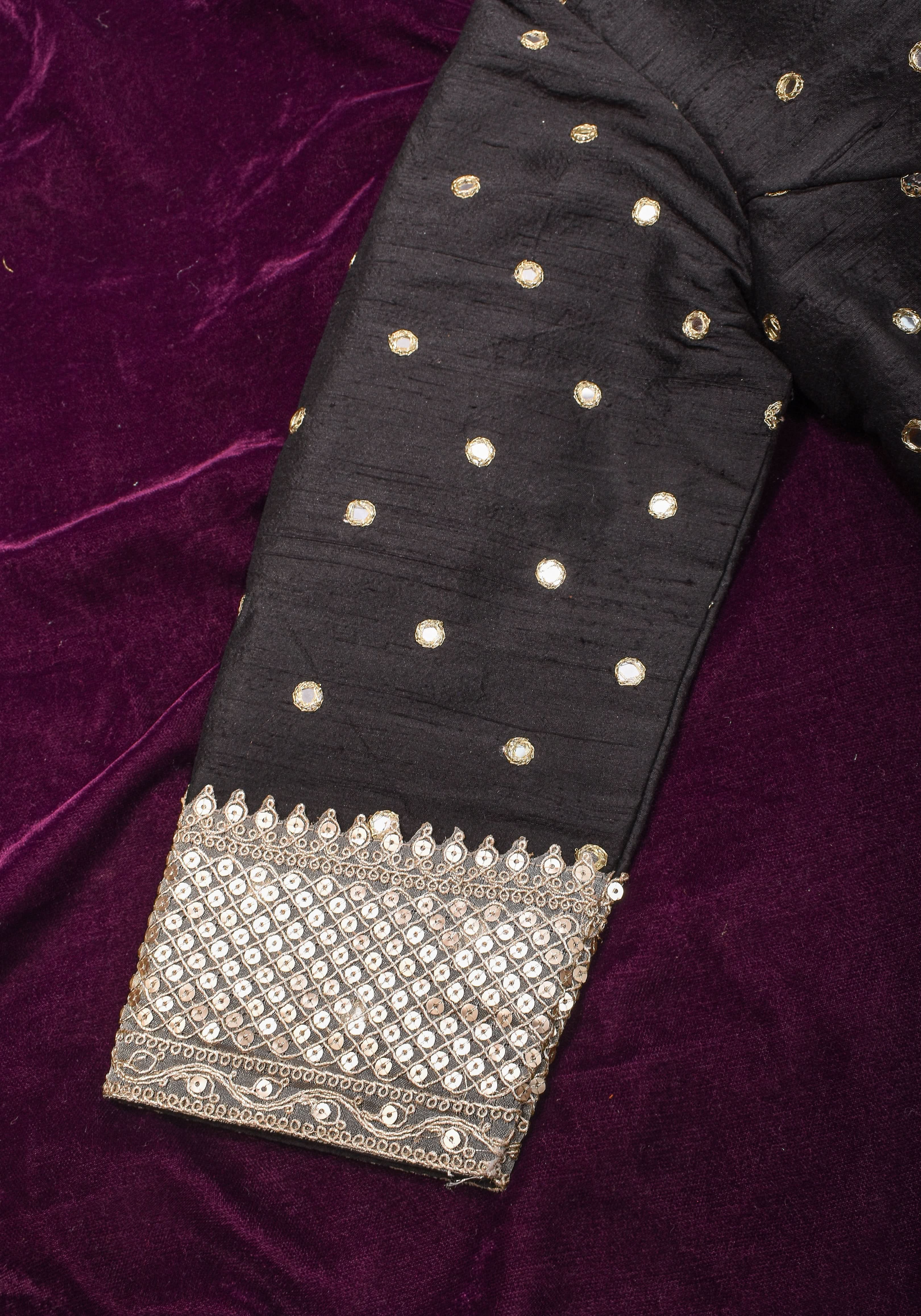 Black Pure raw silk blouse with mirror work,backless design with gotta trim. Made to Order | Shobitam
