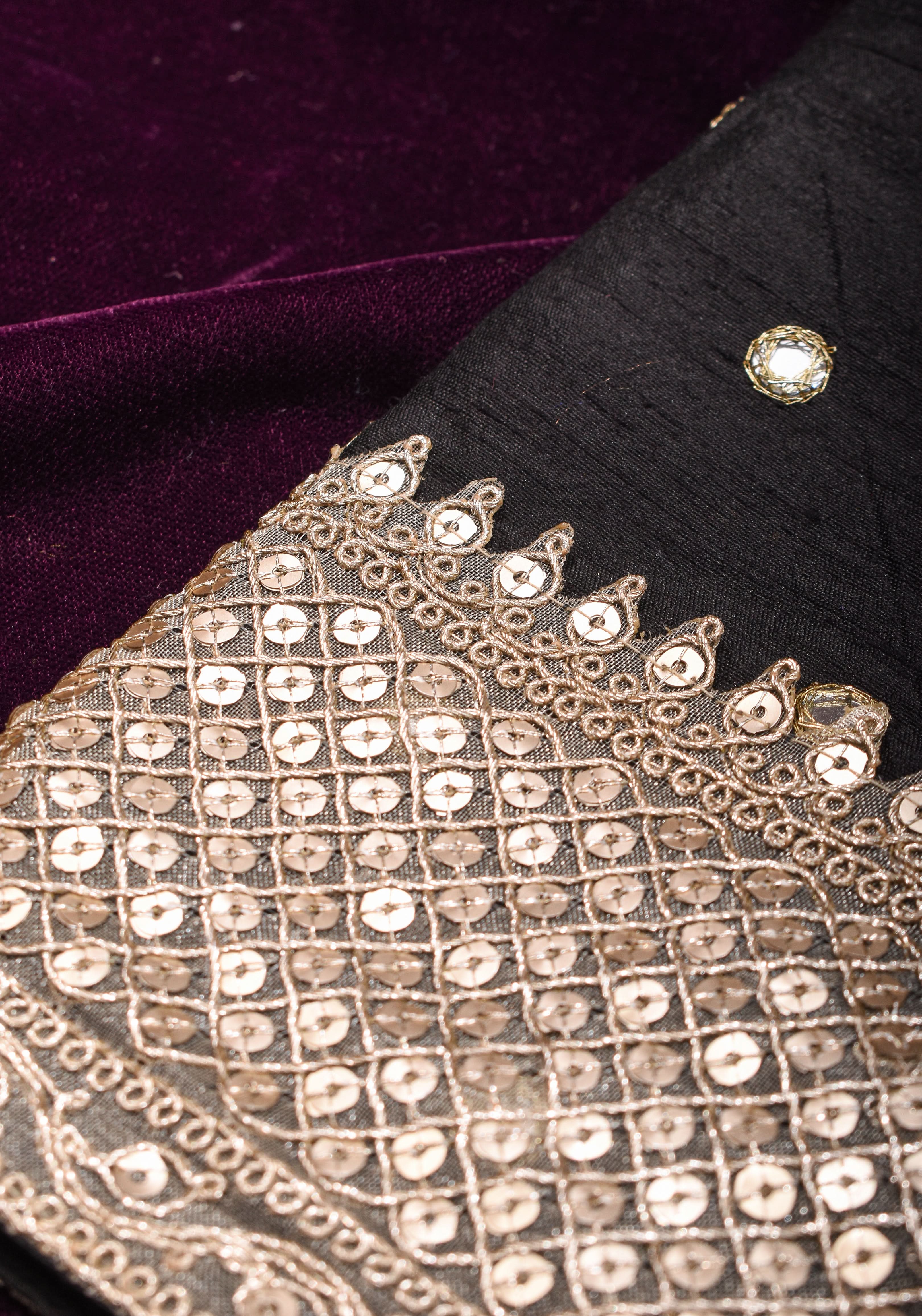 Black Pure raw silk blouse with mirror work,backless design with gotta trim. Made to Order | Shobitam