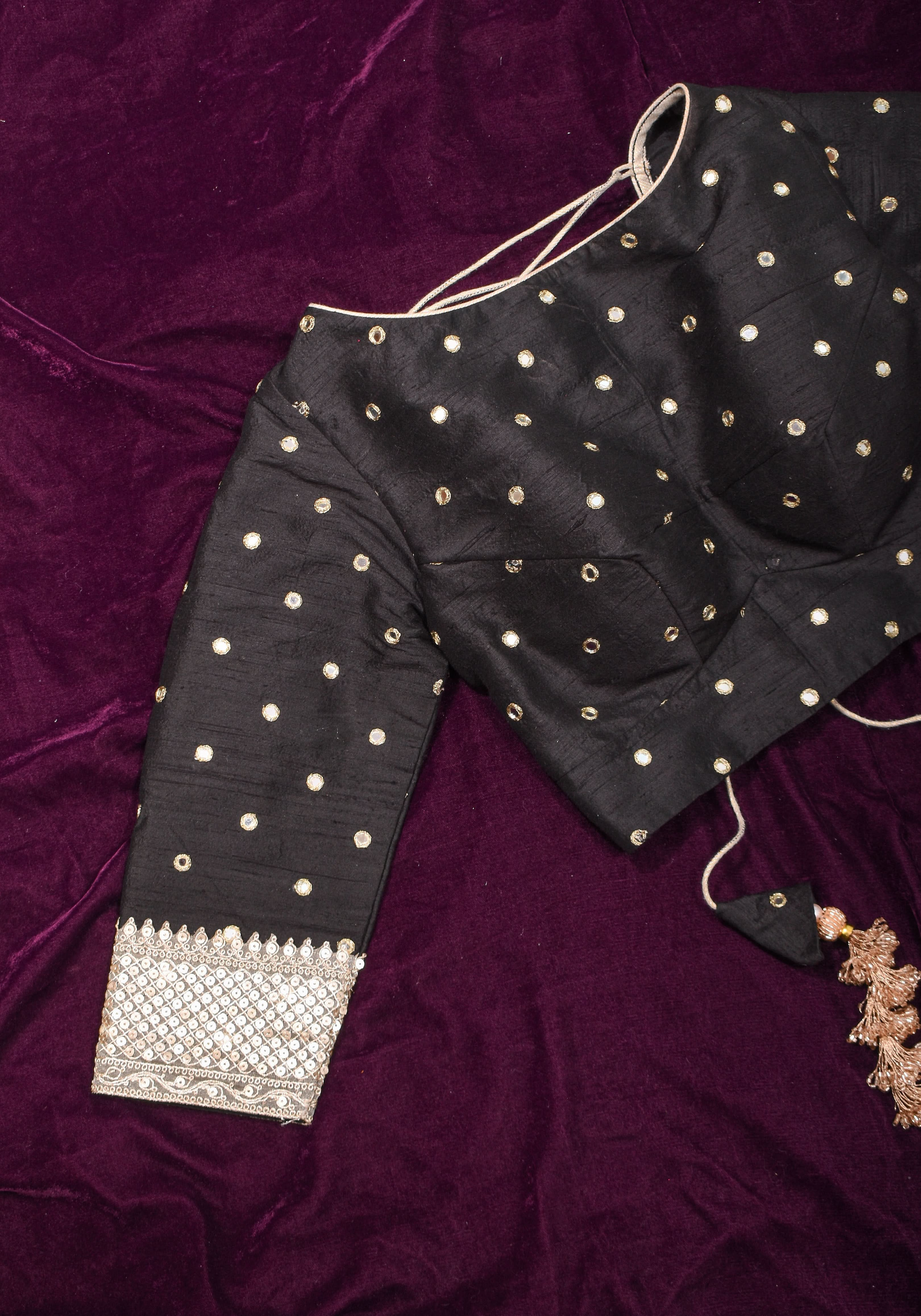 Black Pure raw silk blouse with mirror work,backless design with gotta trim. Made to Order | Shobitam