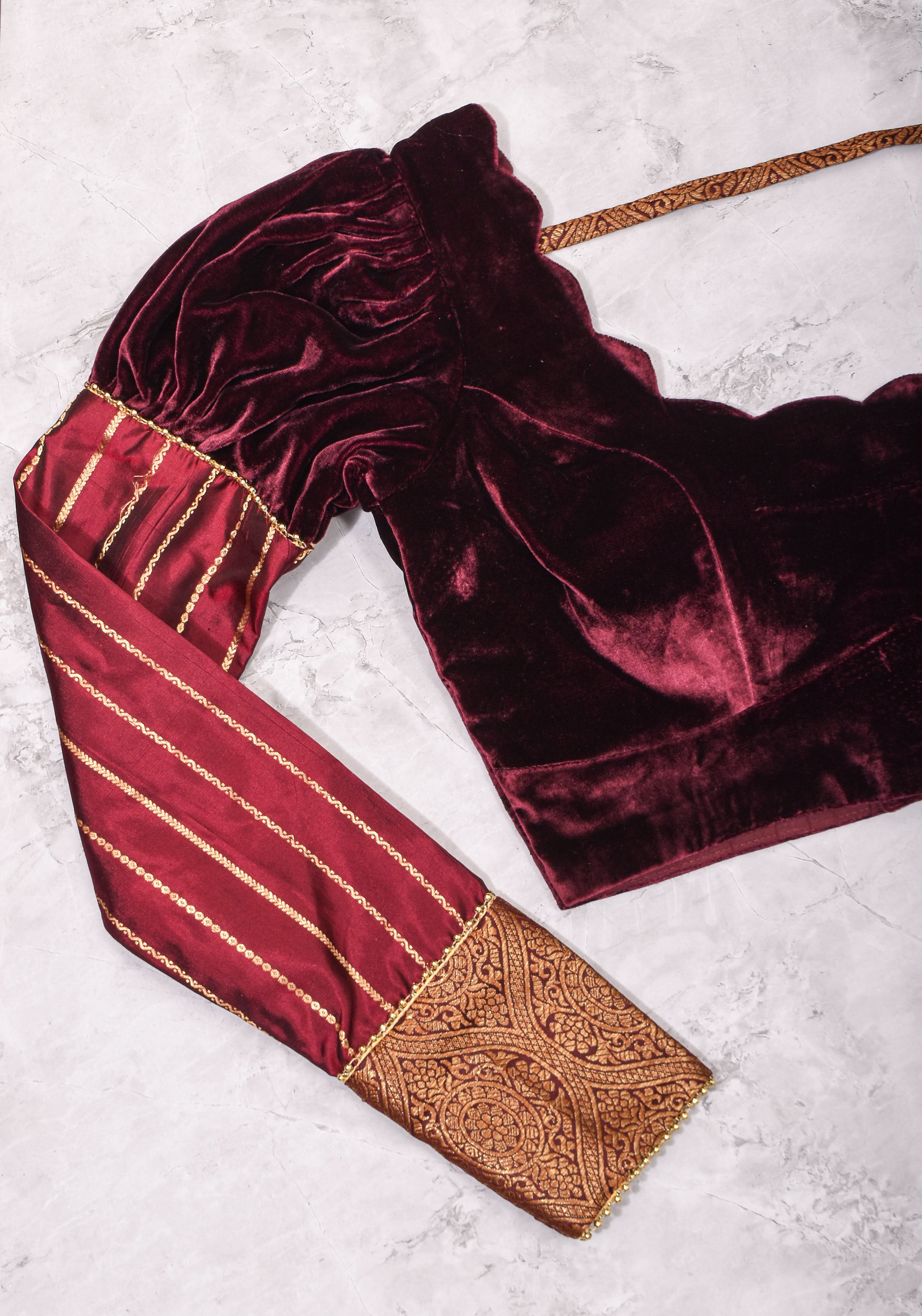 Made To Order: Pure Silk Velvet Scallop neck blouse with pure silk sleevs puff detailing | Shobitam
