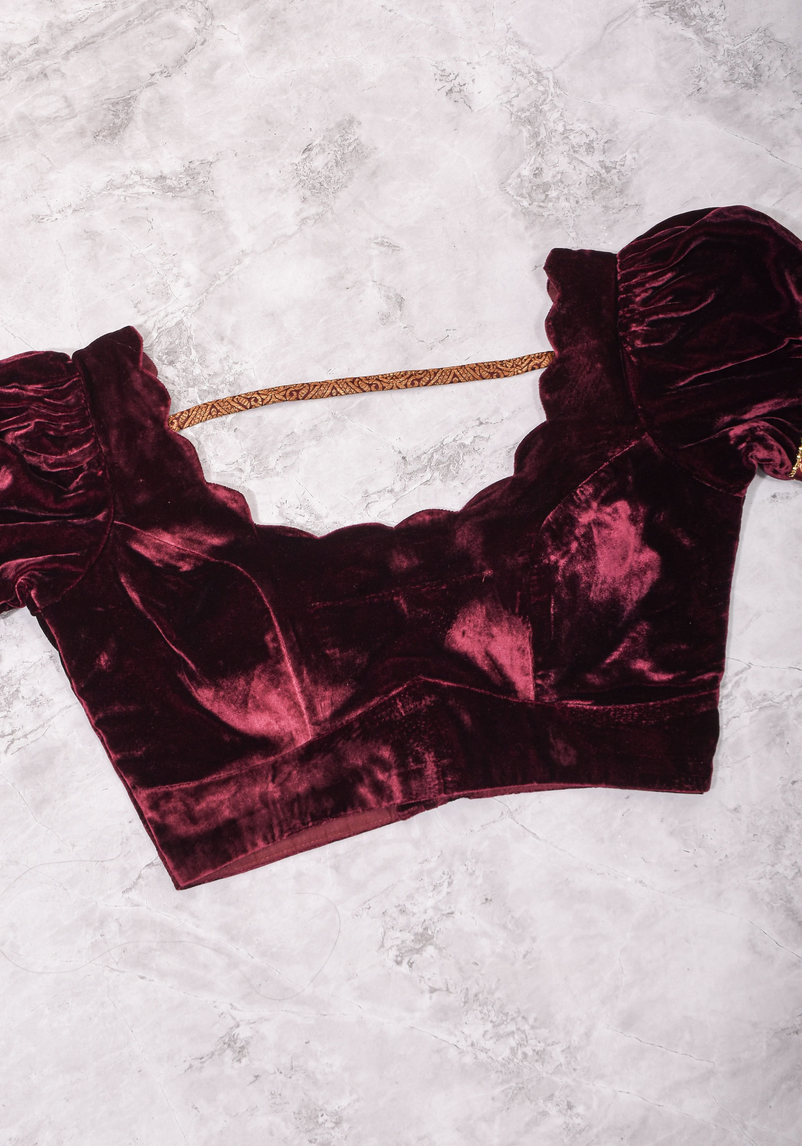 Made To Order: Pure Silk Velvet Scallop neck blouse with pure silk sleevs puff detailing | Shobitam