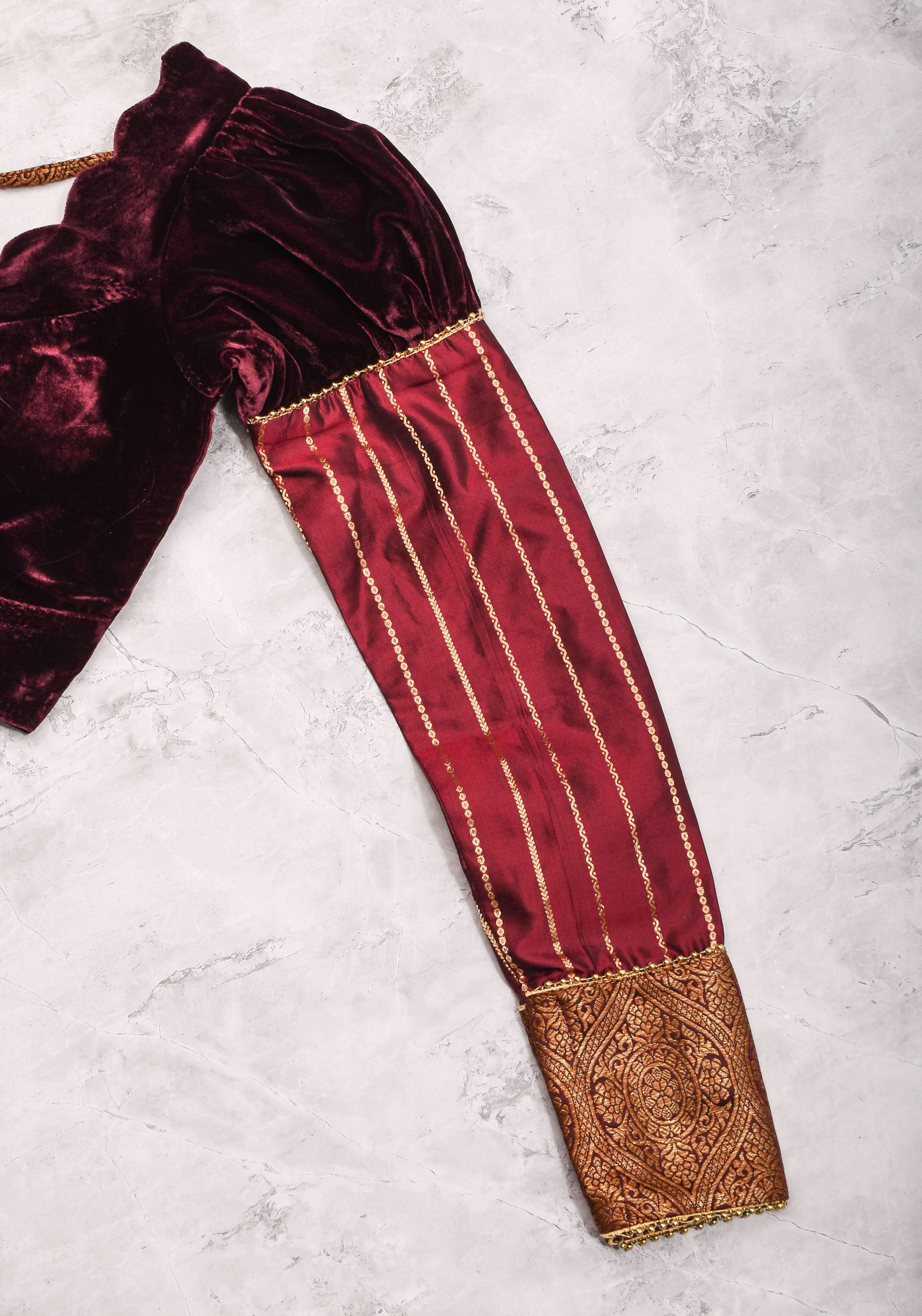Made To Order: Pure Silk Velvet Scallop neck blouse with pure silk sleevs puff detailing | Shobitam