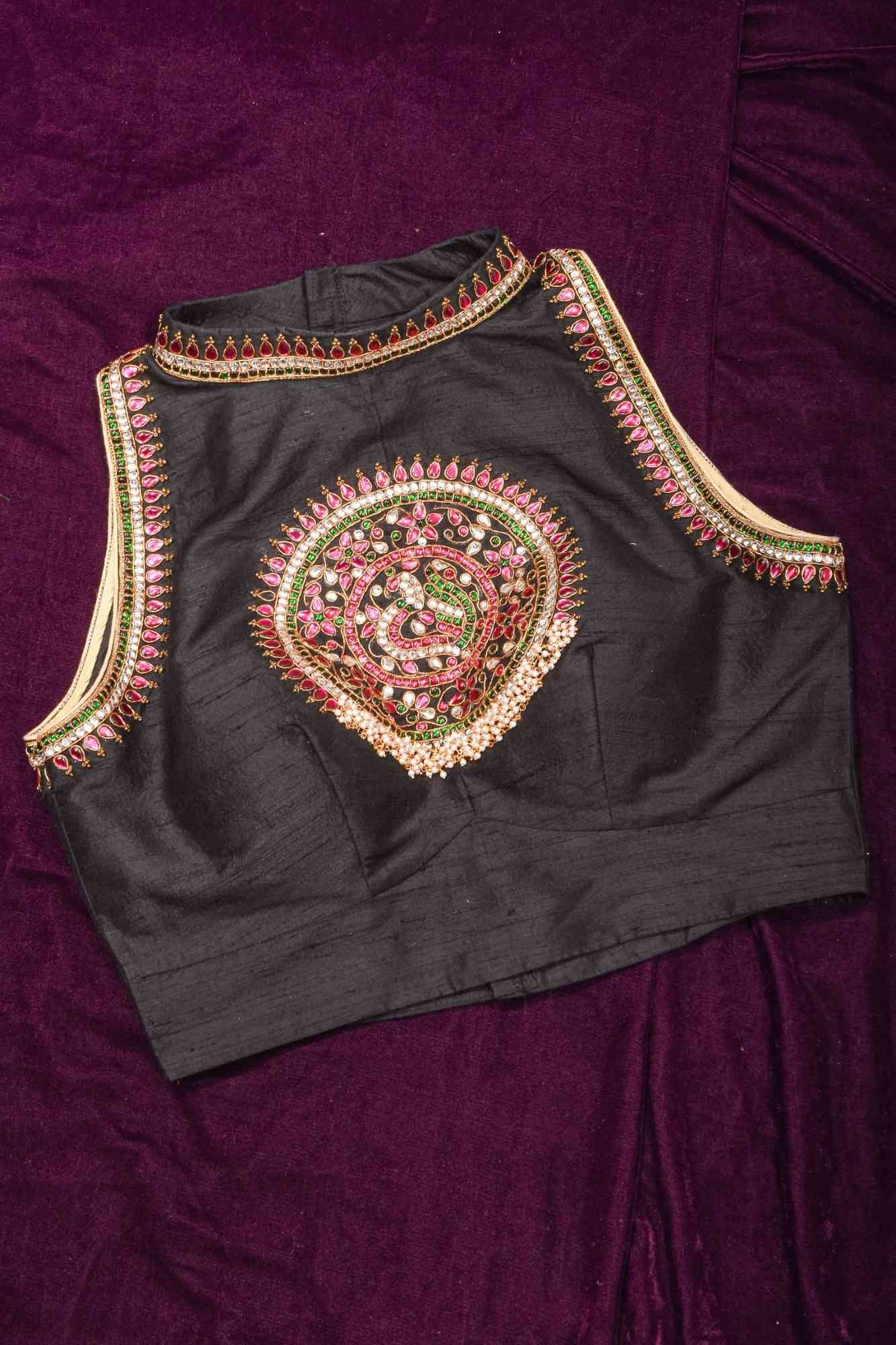 Statement Black Halter Neck Pure Raw Silk Blouse with Kemp Handwork Mandala, Made to Order